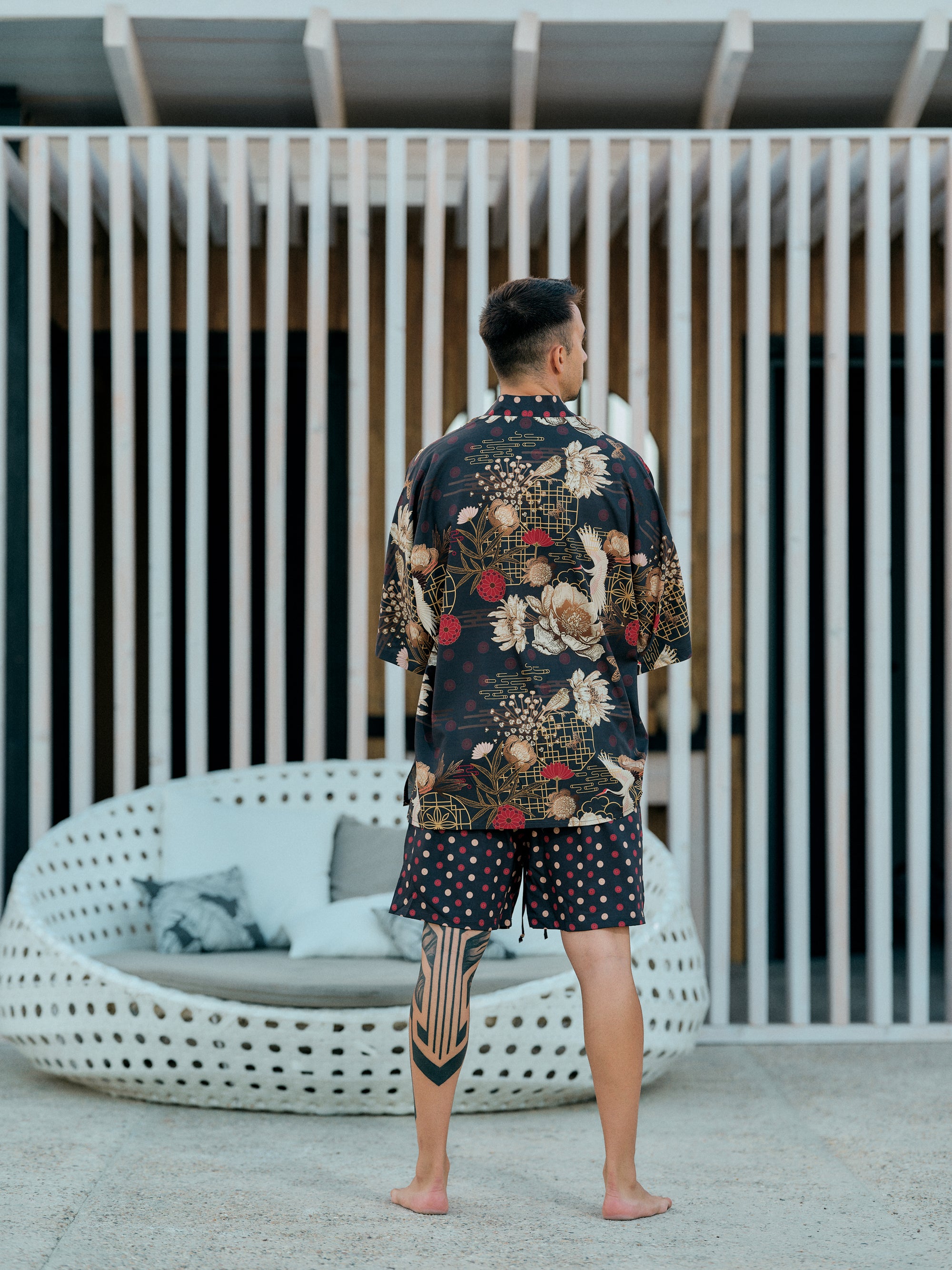 mens beach kimono set black satin chiffon, Koan collection back view