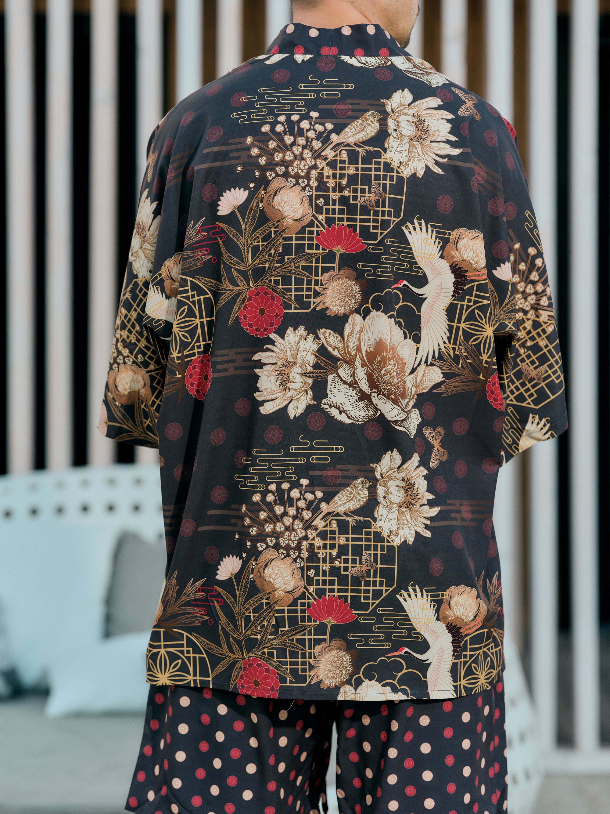 mens beach kimono set black satin chiffon, Koan collection detail back view