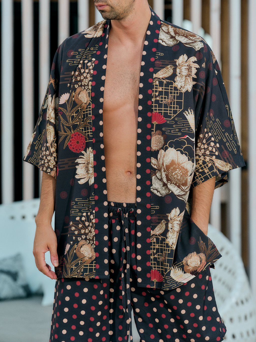 mens beach kimono set black satin chiffon, Koan collection detail front view