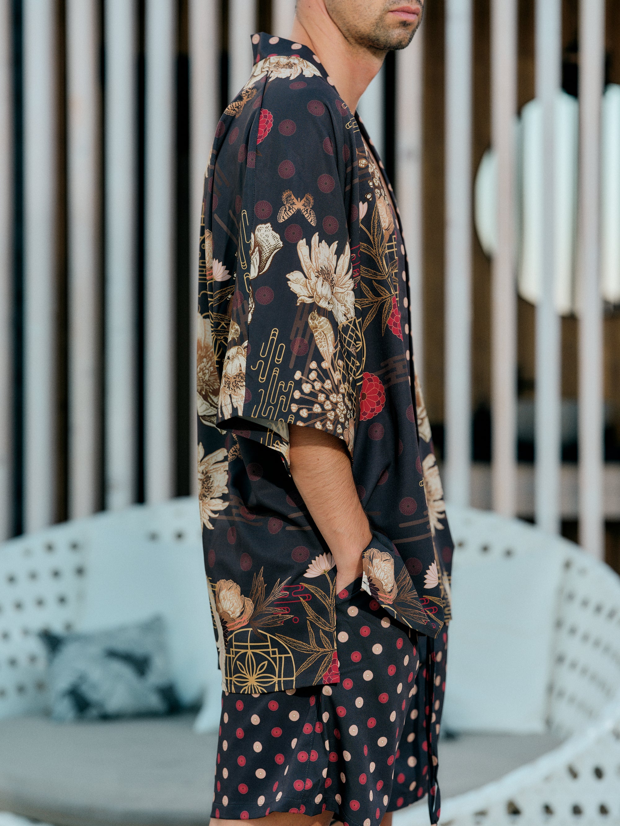 mens beach kimono set black satin chiffon, Koan collection detail side view