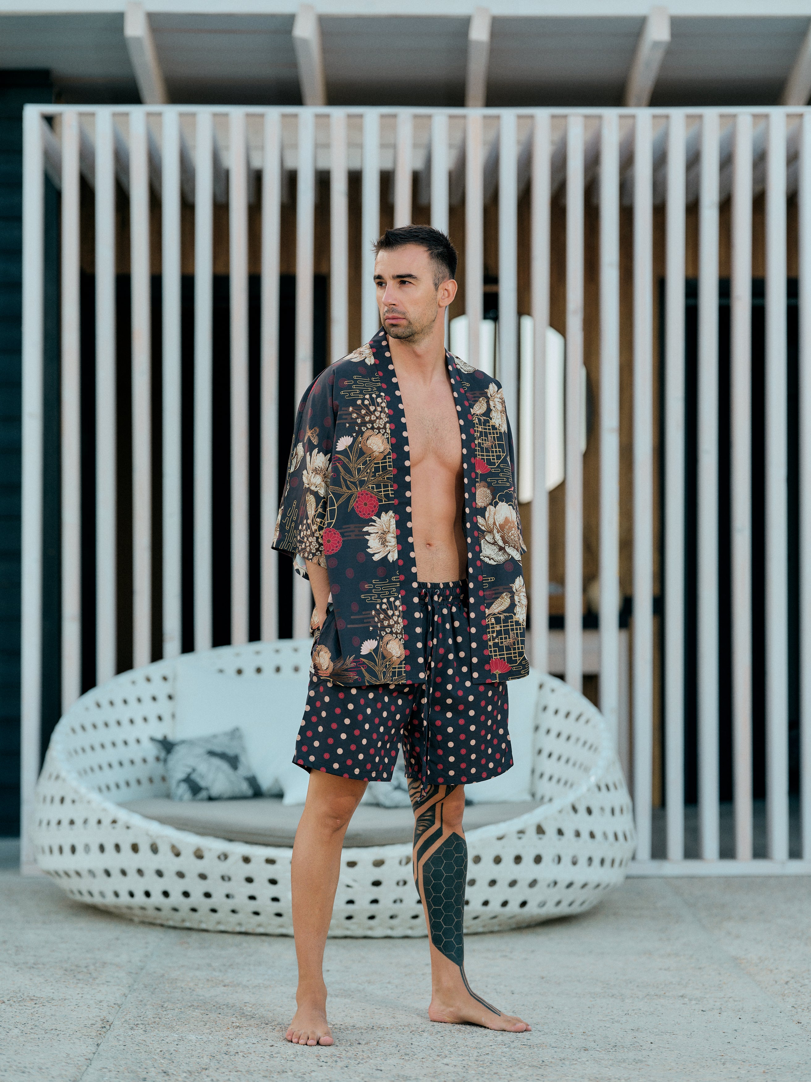 mens beach kimono set black satin chiffon, Koan collection front view