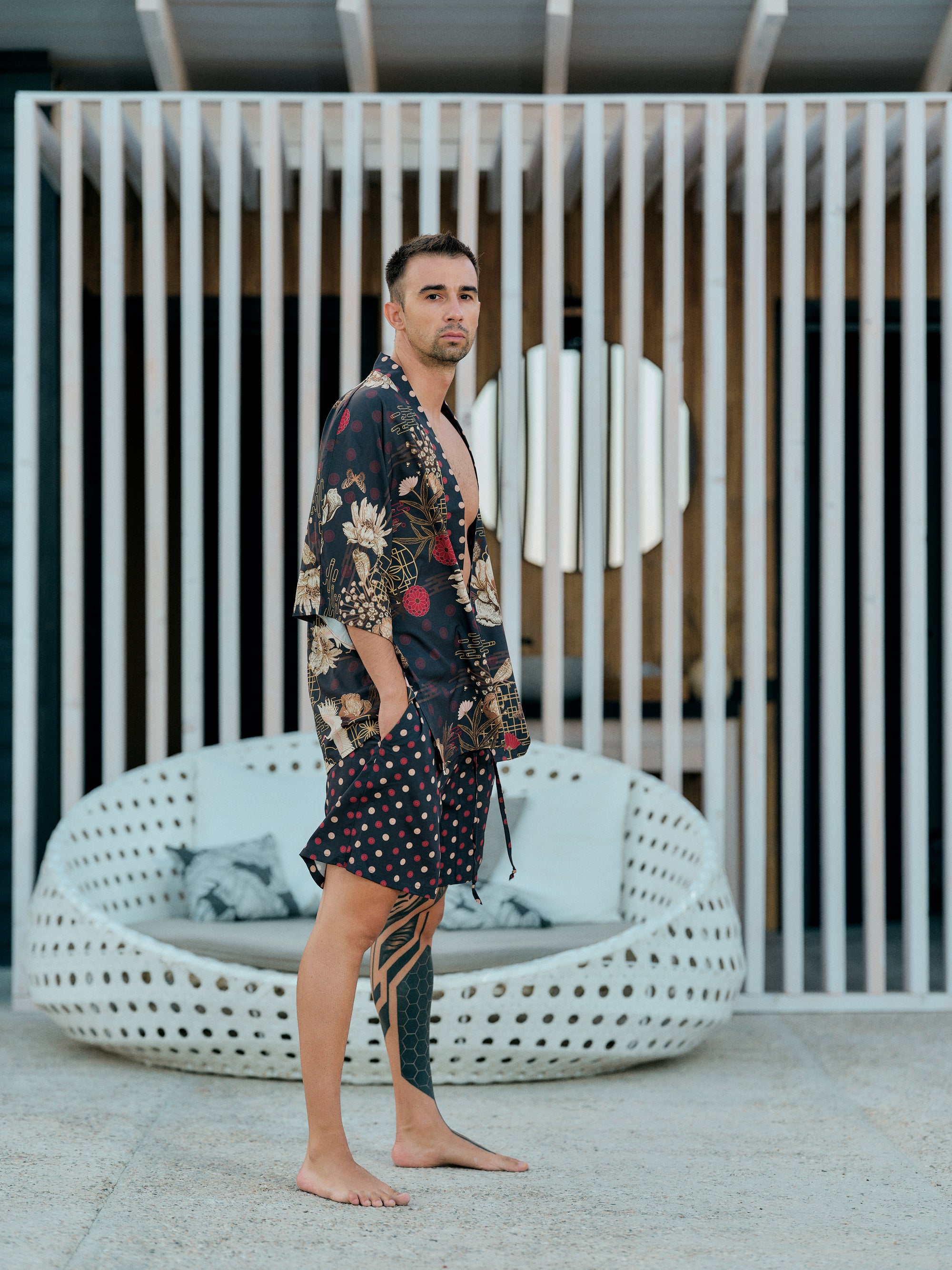 mens beach kimono set black satin chiffon, Koan collection side view