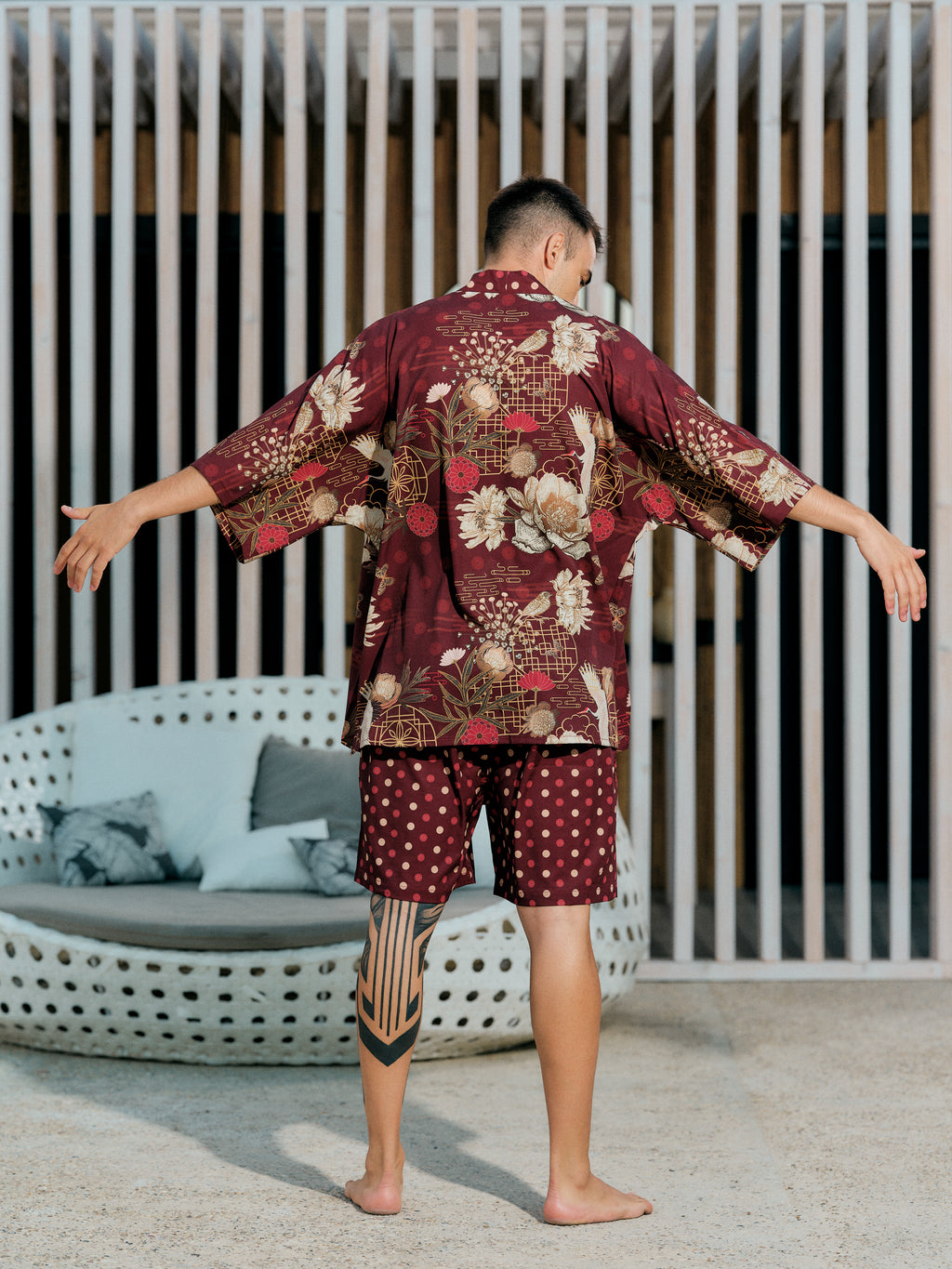 mens festival kimono set burgundy satin chiffon, Koan collection back view