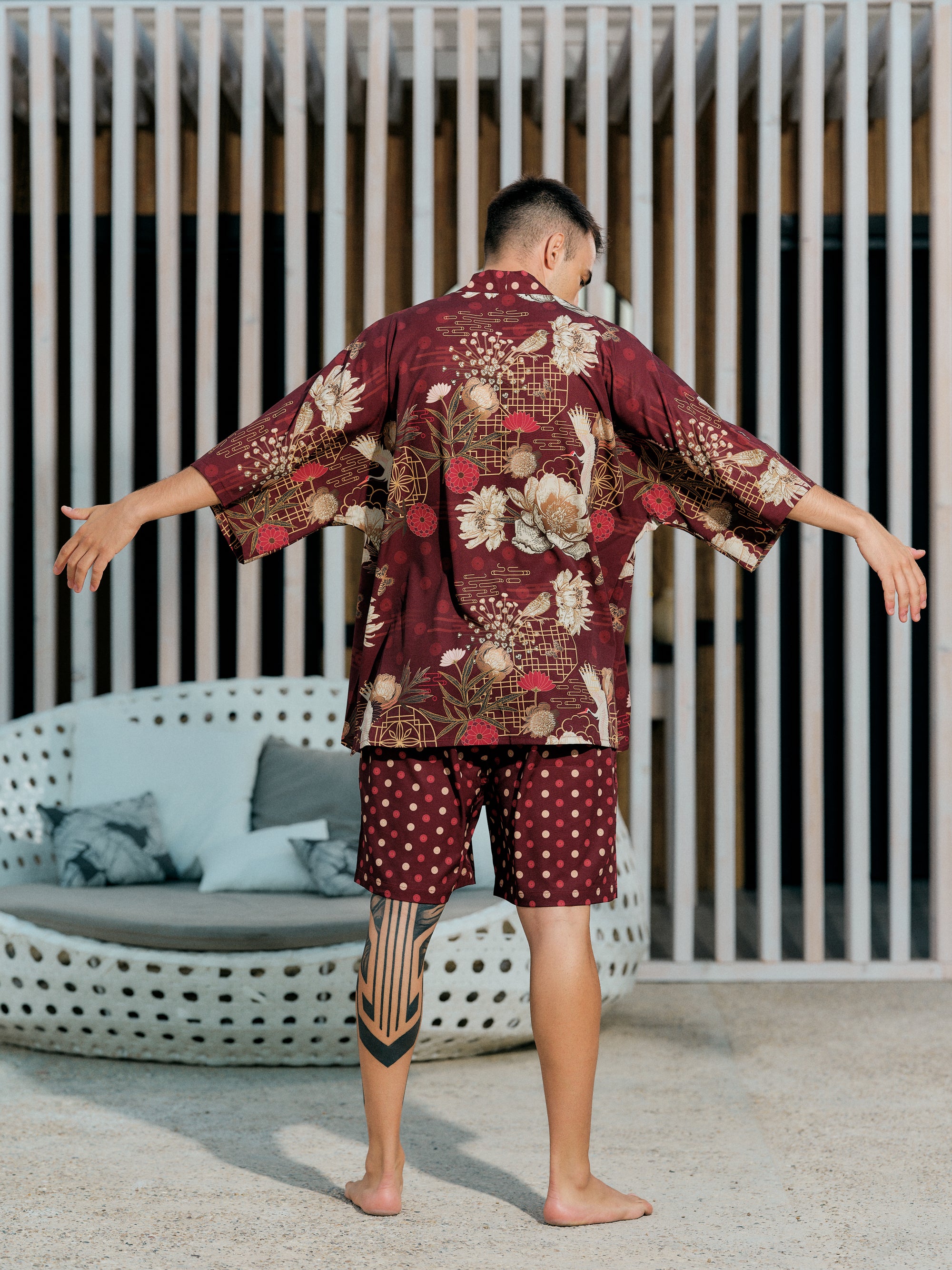 mens festival kimono set burgundy satin chiffon, Koan collection back view