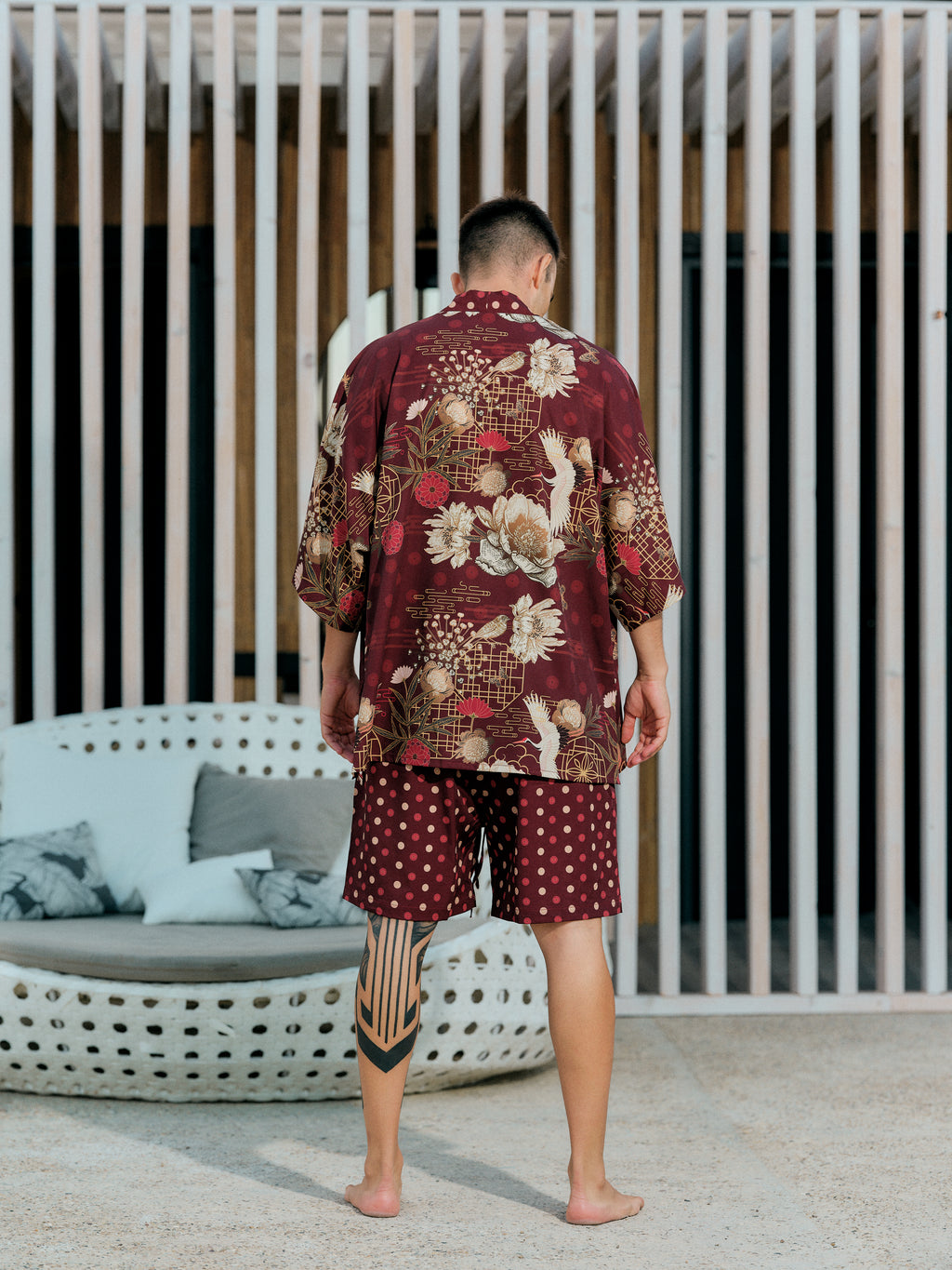 mens beach kimono set burgundy satin chiffon, Koan collection back view