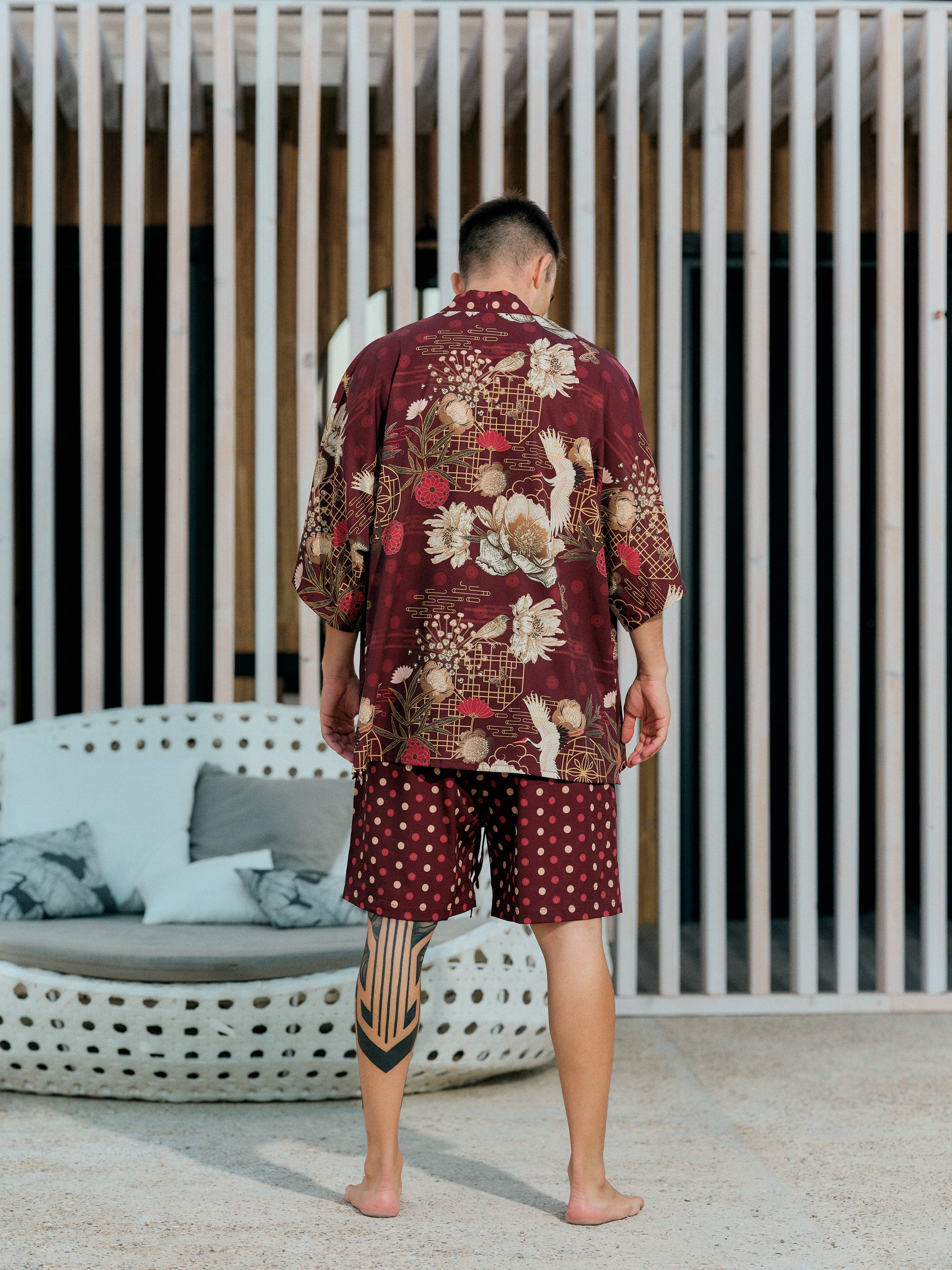 mens beach kimono set burgundy satin chiffon, Koan collection back view