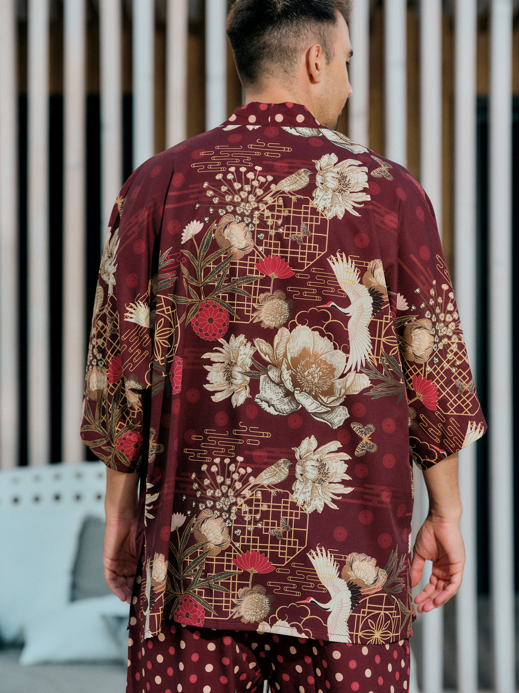 mens beach kimono set burgundy satin chiffon, Koan collection detail back view