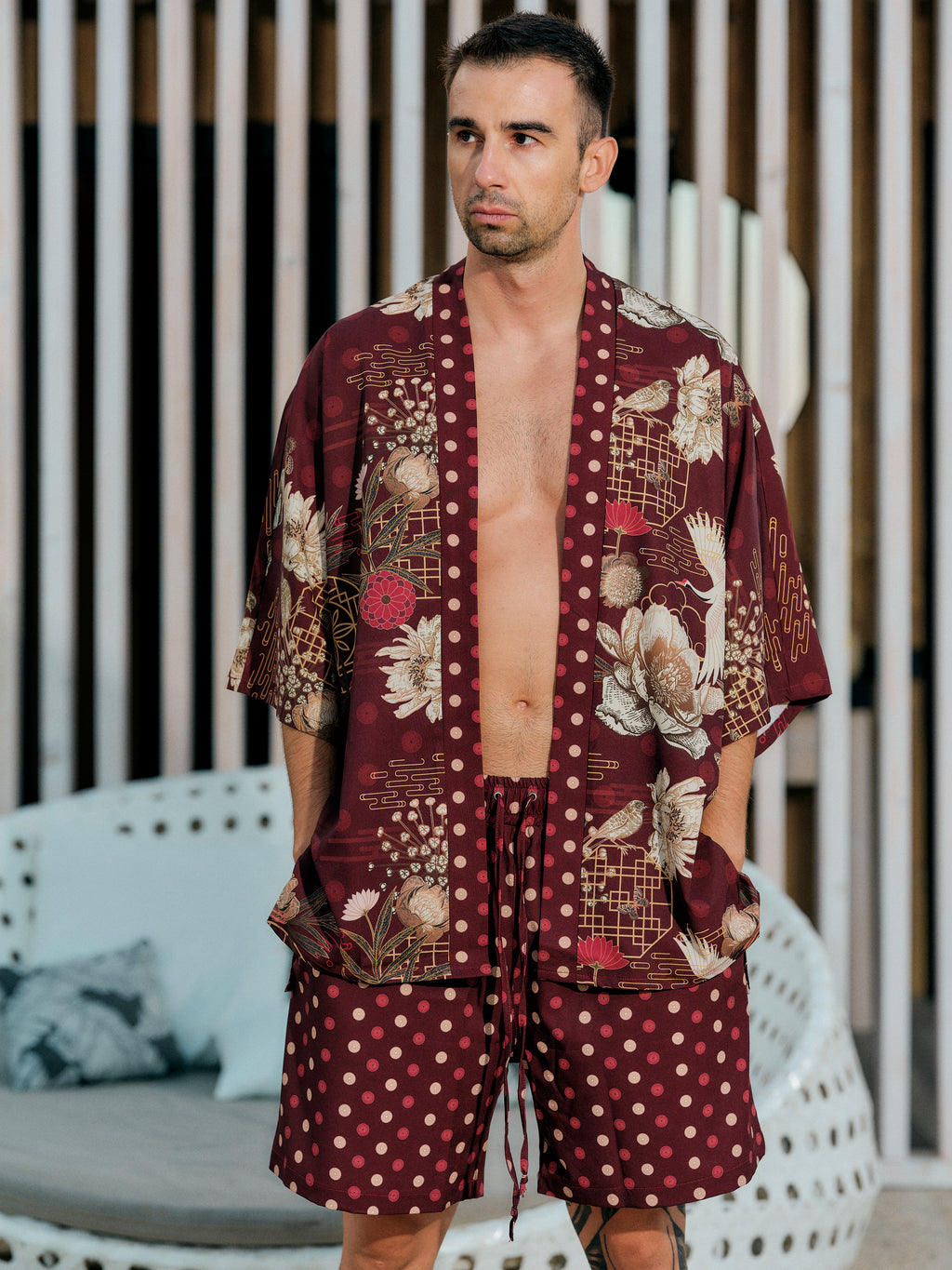 mens beach kimono set burgundy satin chiffon, Koan collection detail front view