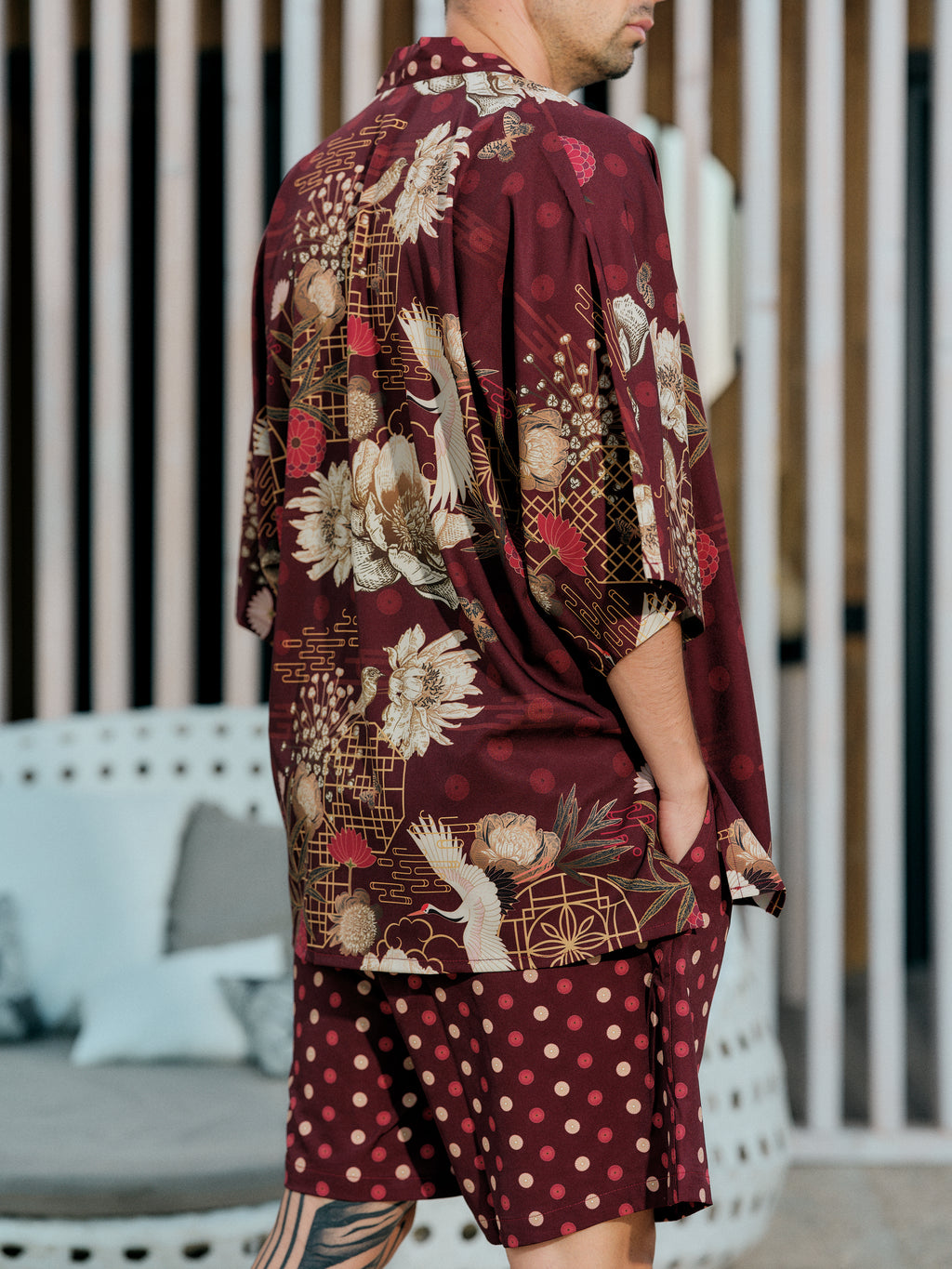 mens beach kimono set burgundy satin chiffon, Koan collection detail side view