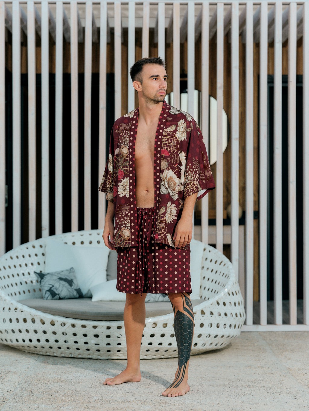 mens beach kimono set burgundy satin chiffon, Koan collection front view