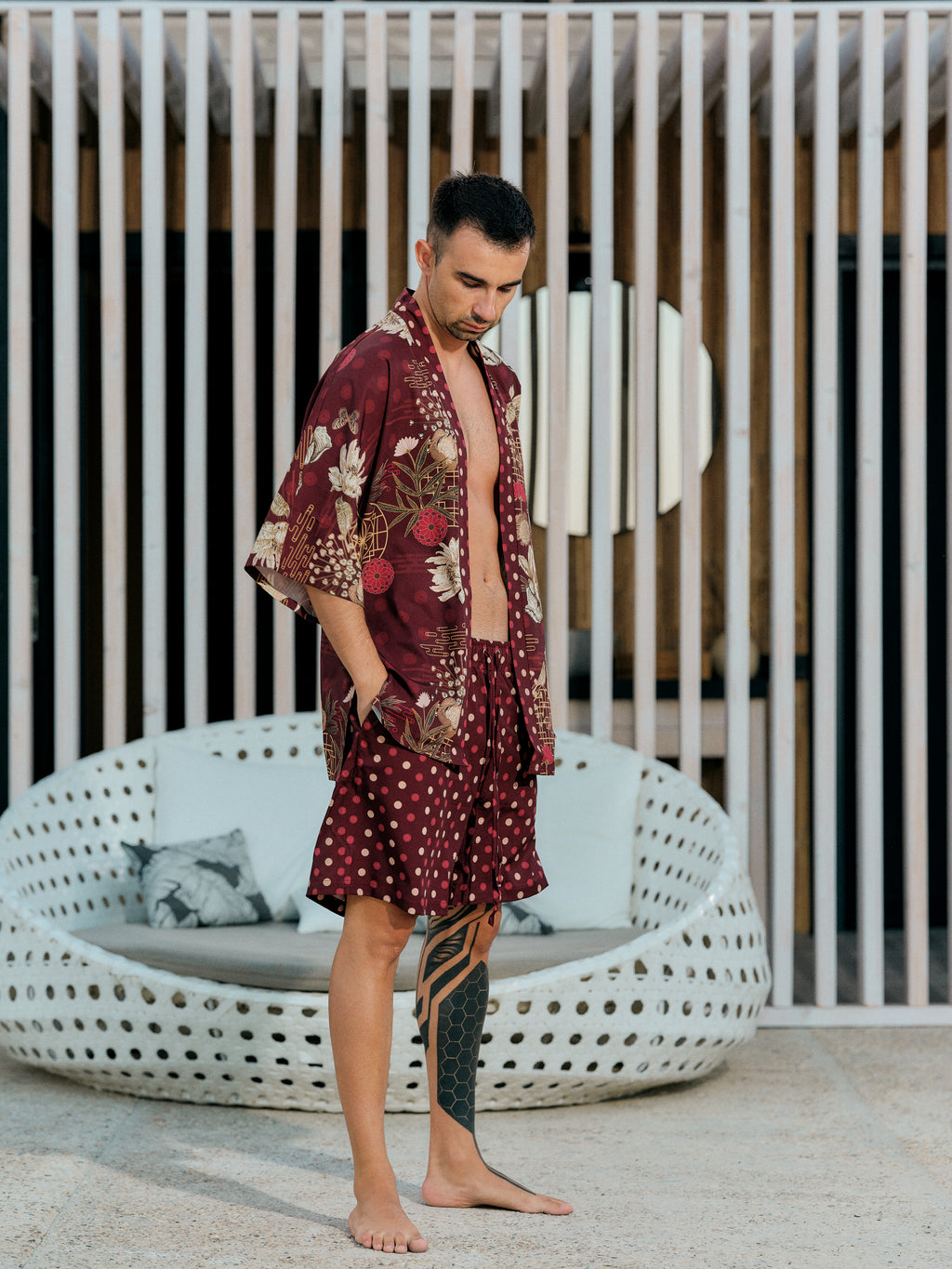mens beach kimono set burgundy satin chiffon, Koan collection side view