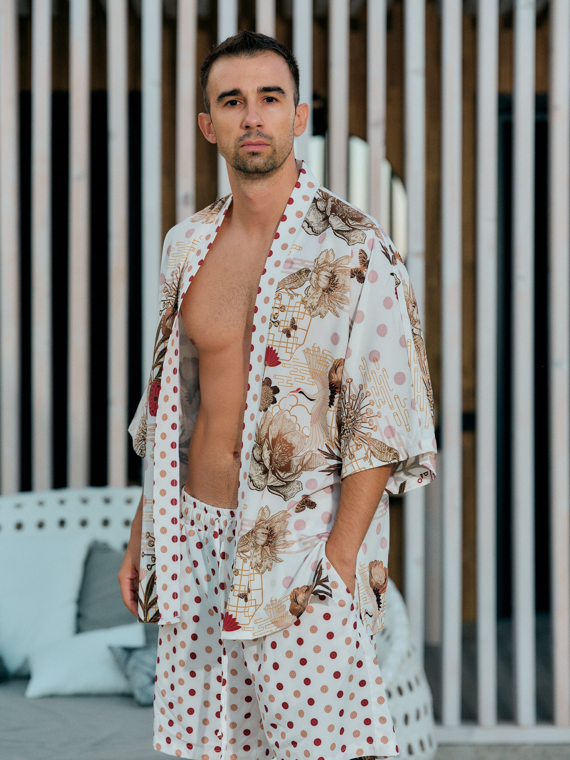 mens beach kimono set white satin chiffon, Koan collection detail front view