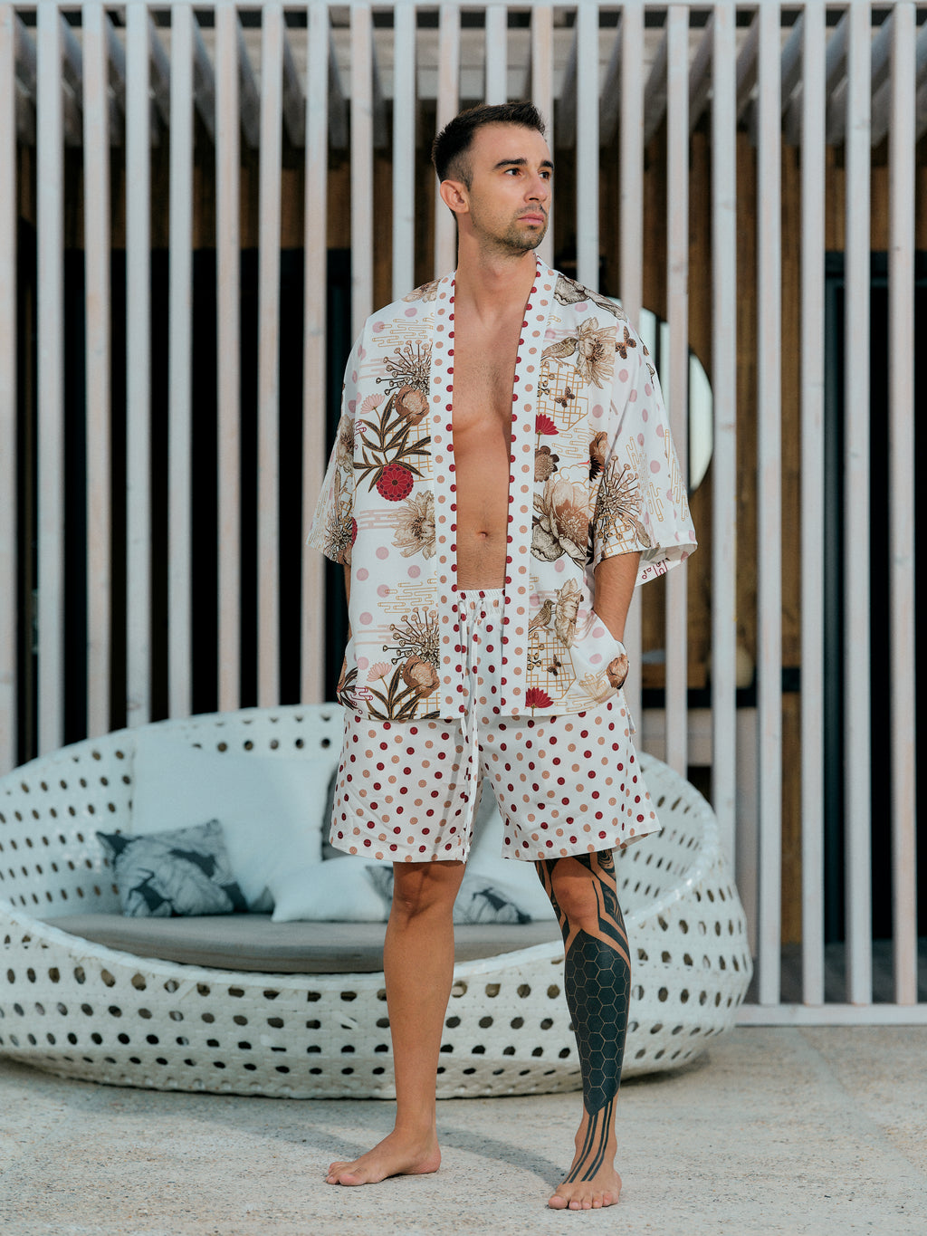mens beach kimono set white satin chiffon, Koan collection front view