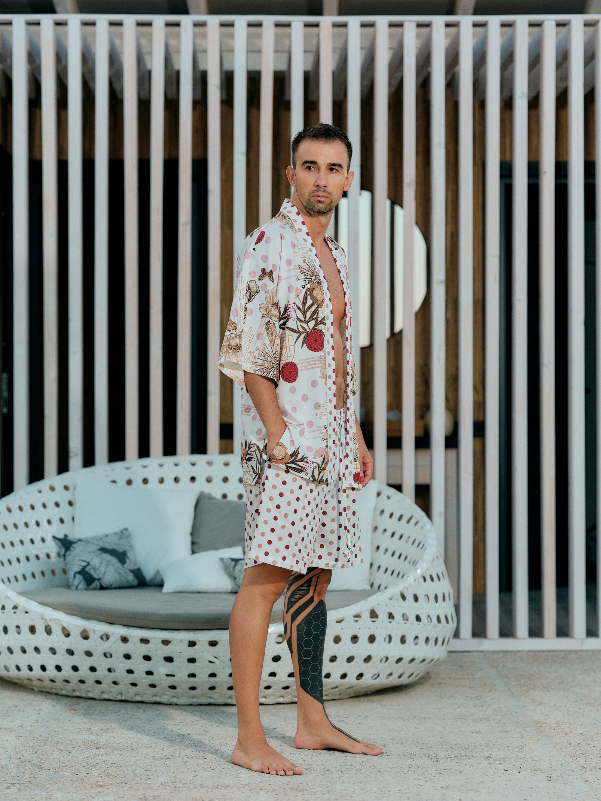 mens beach kimono set white satin chiffon, Koan collection side view