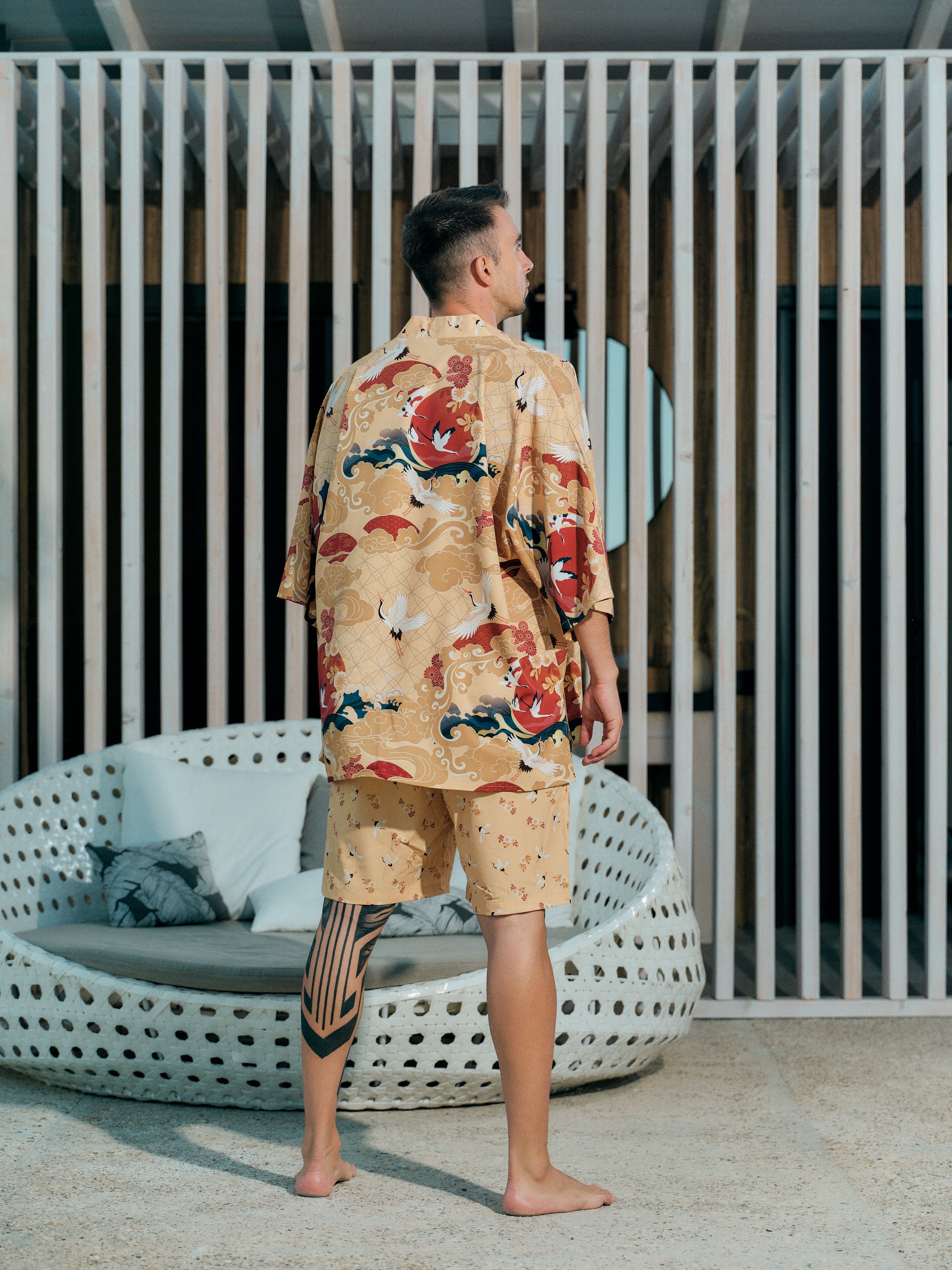 mens beach kimono set gold satin chiffon, Shoshin collection back view