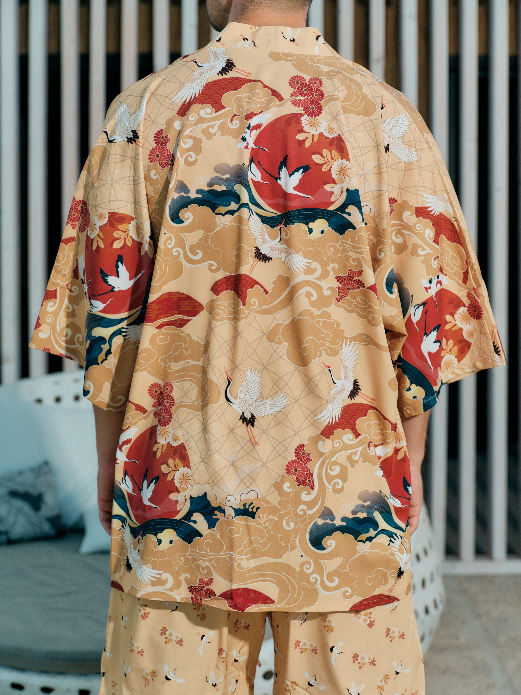 mens beach kimono set gold satin chiffon, Shoshin collection detail back view