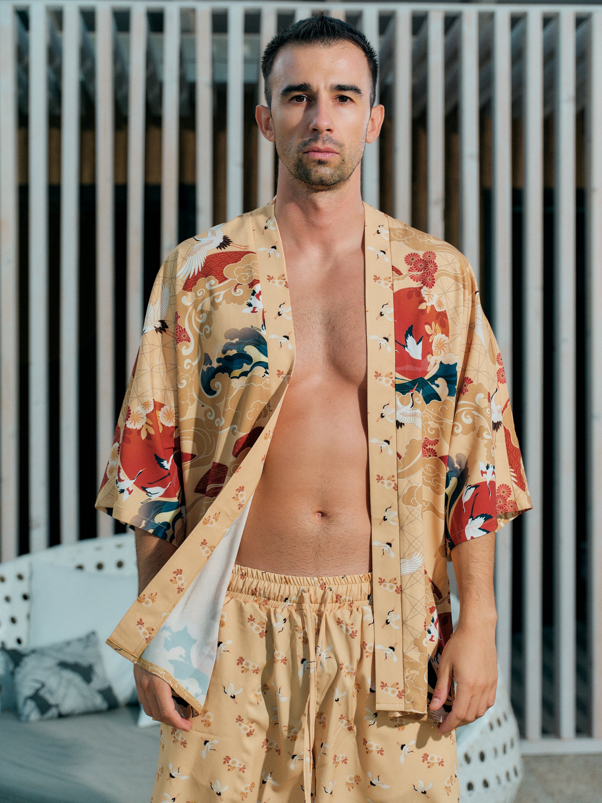 mens beach kimono set gold satin chiffon, Shoshin collection detail front view