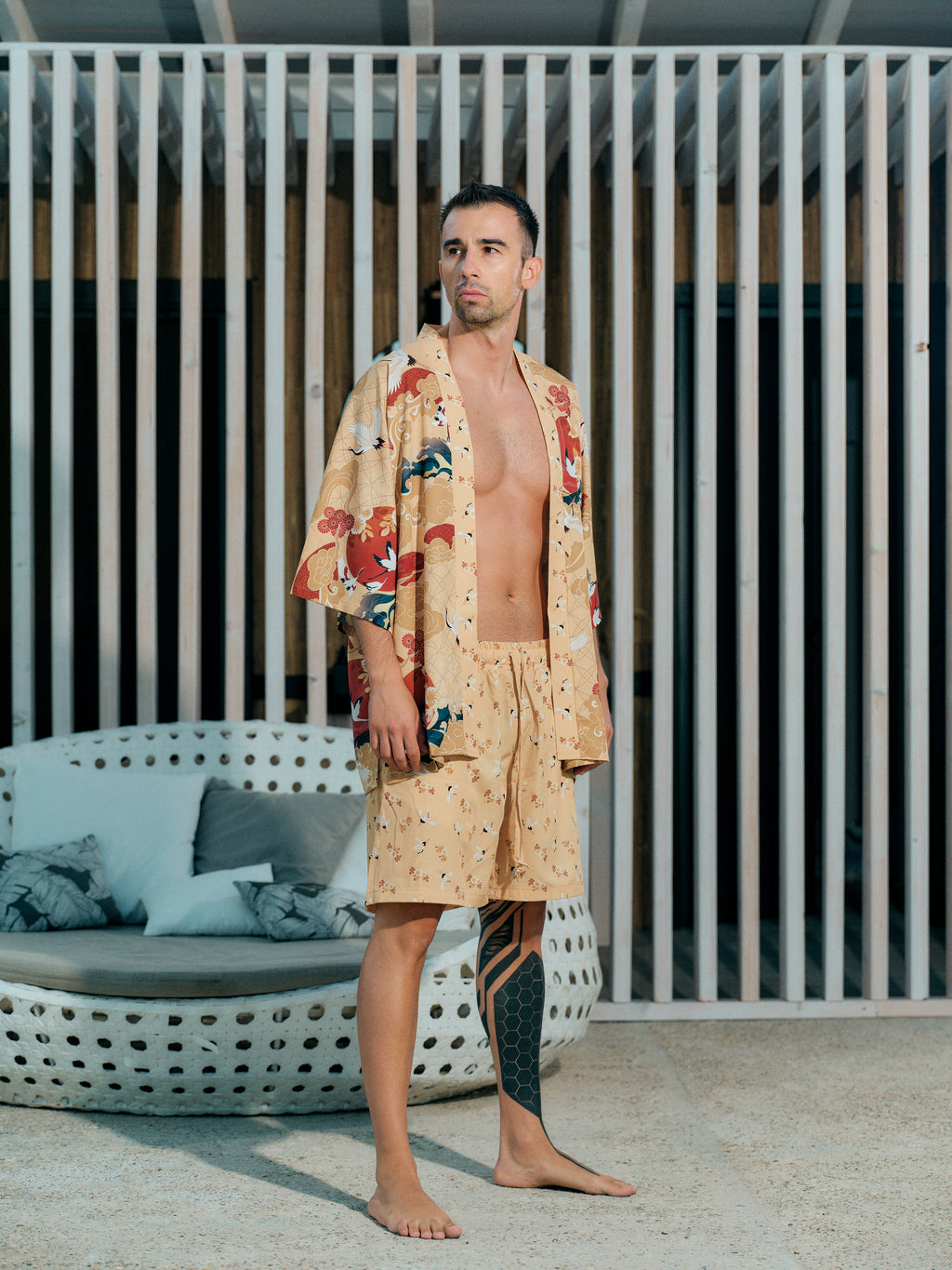 mens beach kimono set gold satin chiffon, Shoshin collection front view