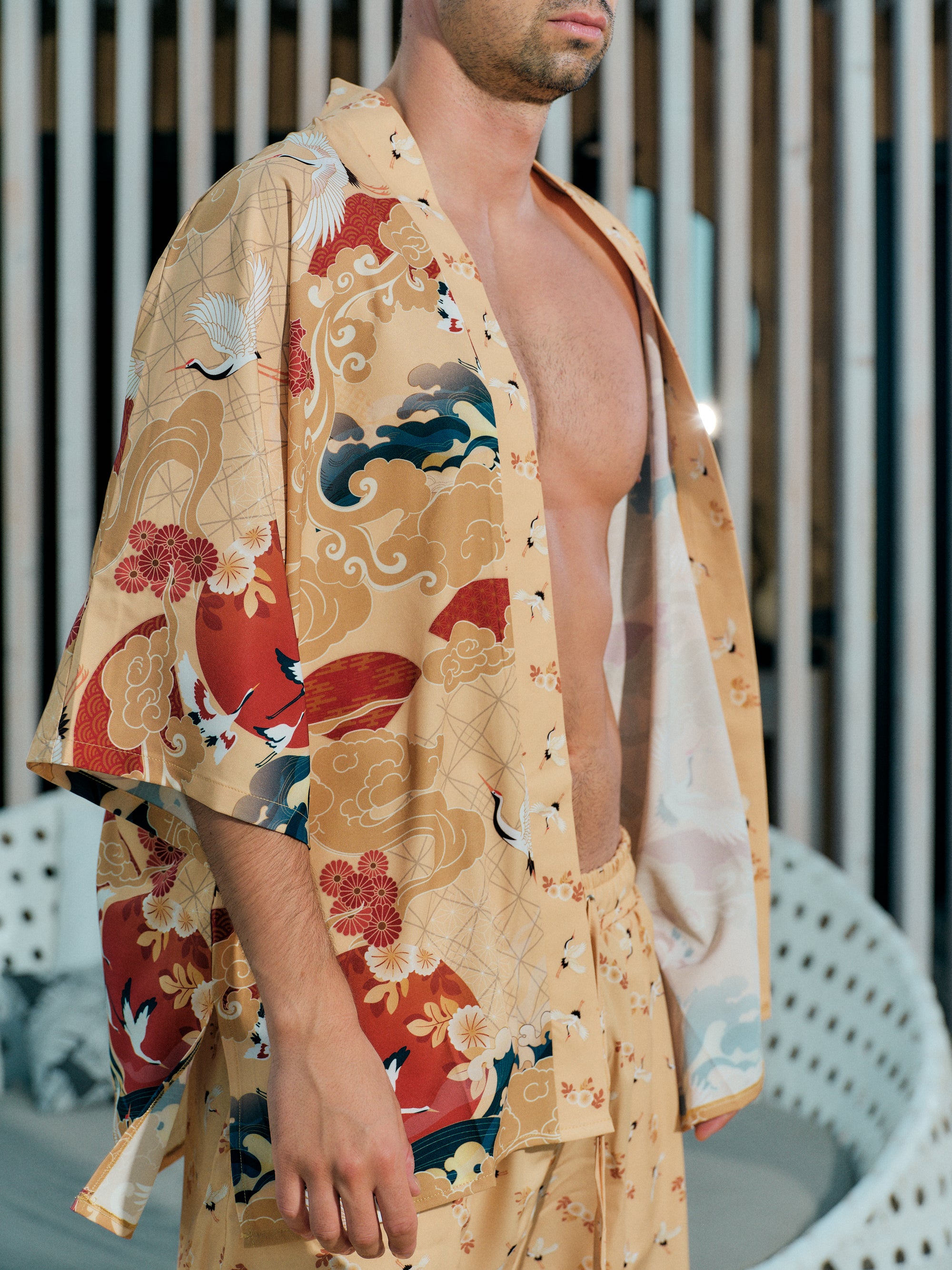 mens beach kimono set gold satin chiffon, Shoshin collection detail side view