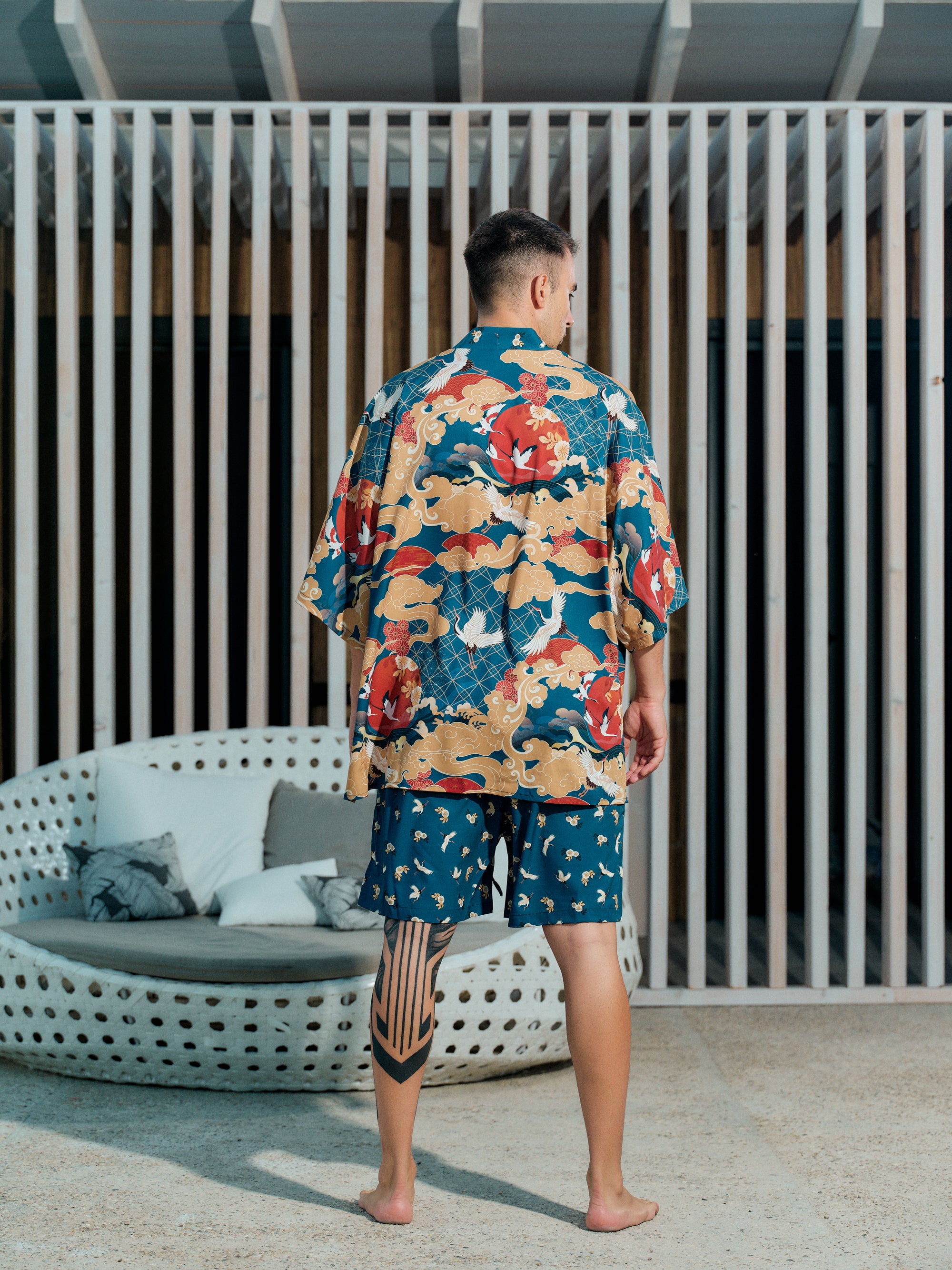 mens beach kimono set ocean blue satin chiffon, Shoshin collection back view
