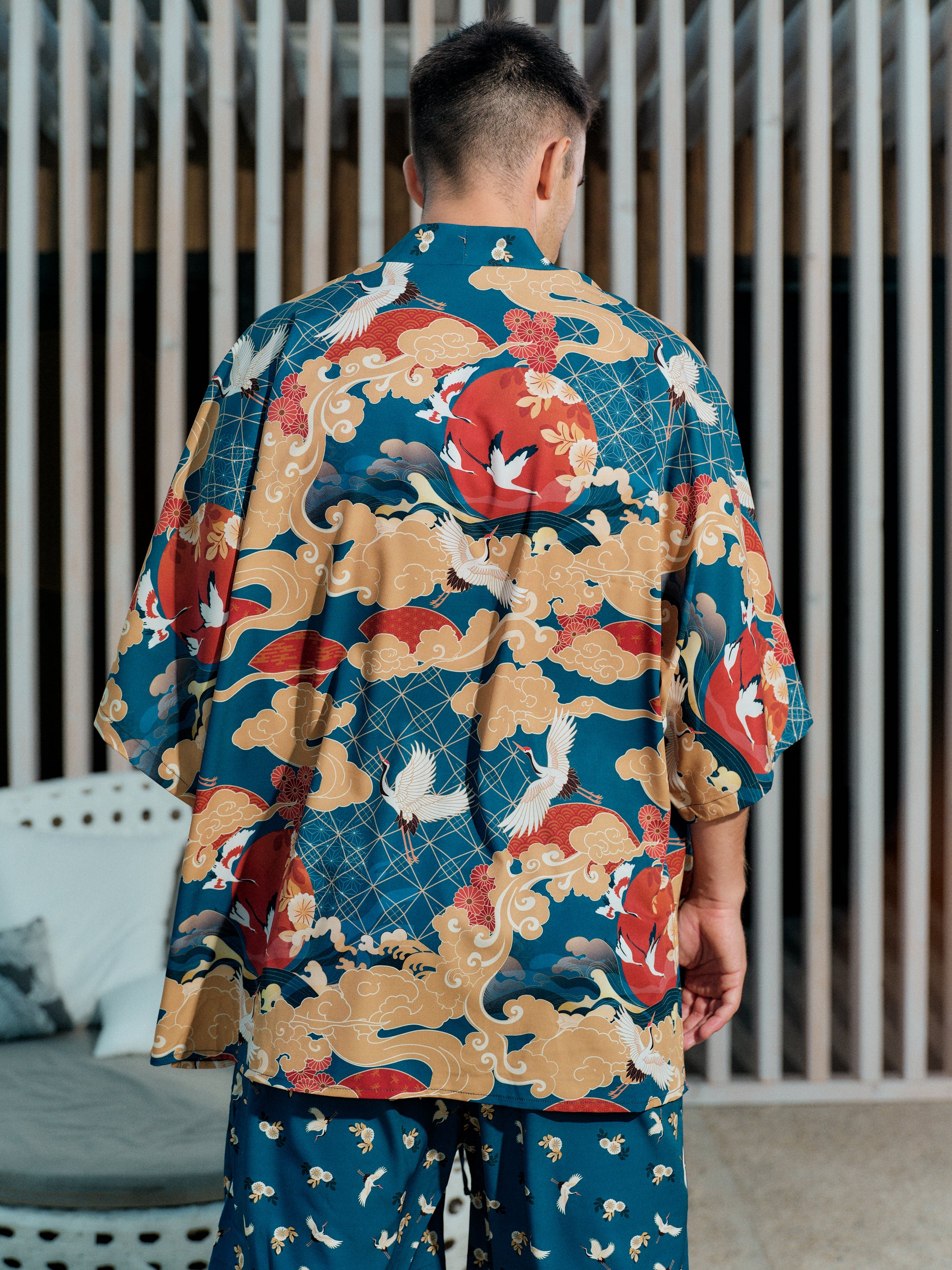 mens beach kimono set ocean blue satin chiffon, Shoshin collection detail back view