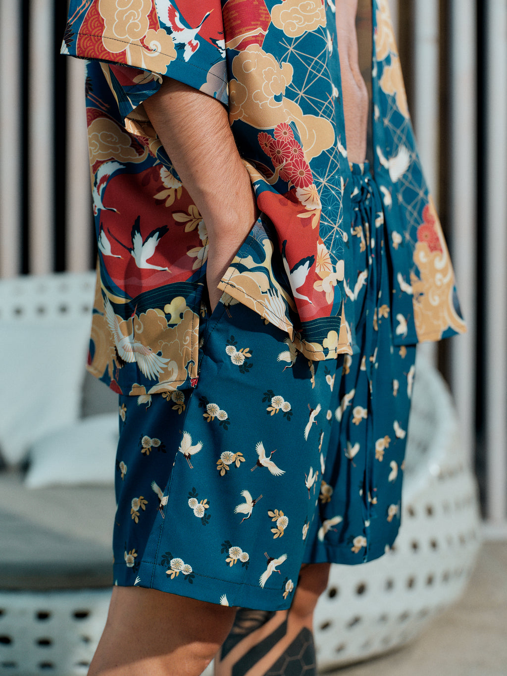 mens beach kimono set ocean blue satin chiffon, Shoshin collection detail shorts view