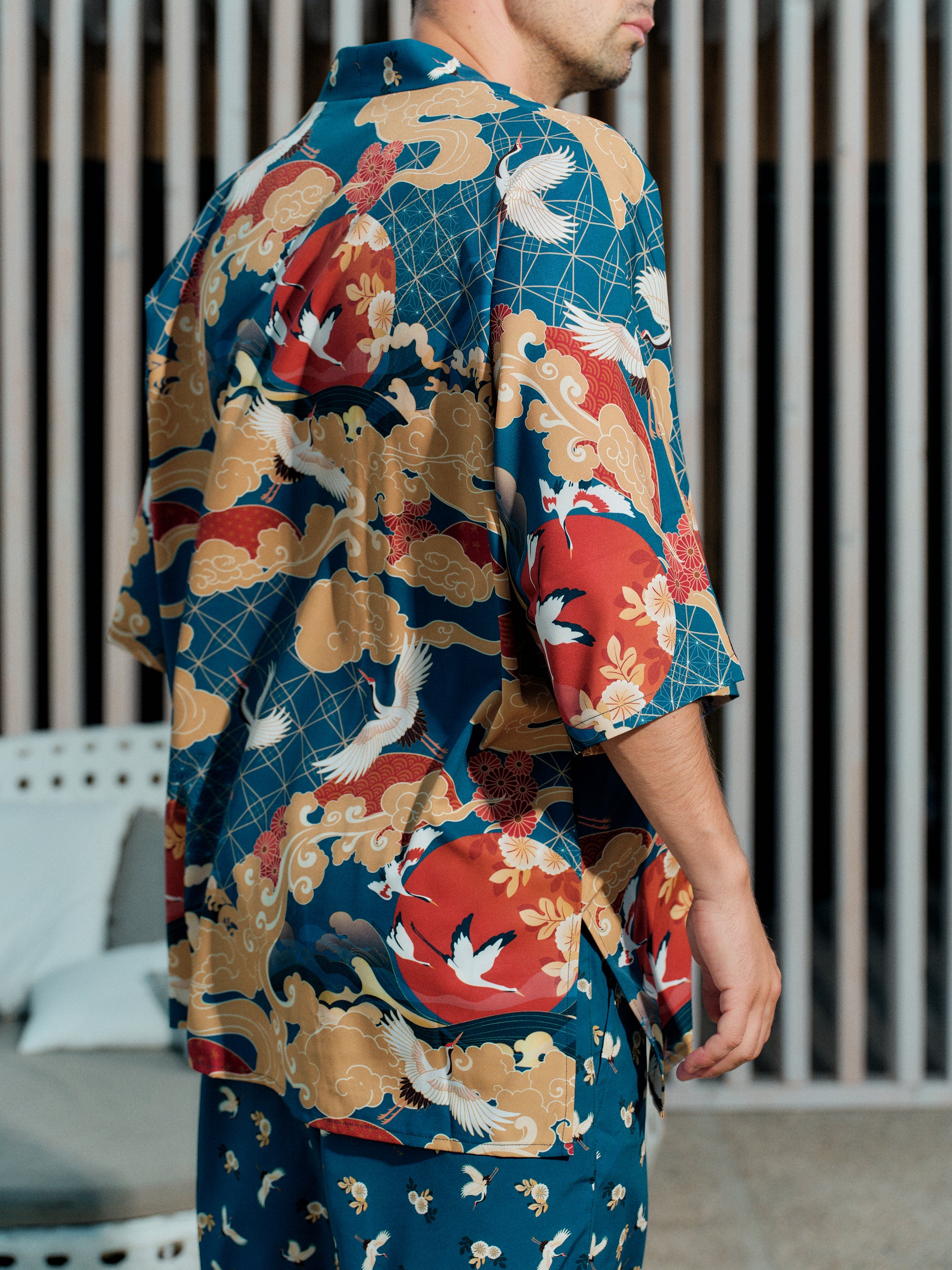 mens beach kimono set ocean blue satin chiffon, Shoshin collection detail side view