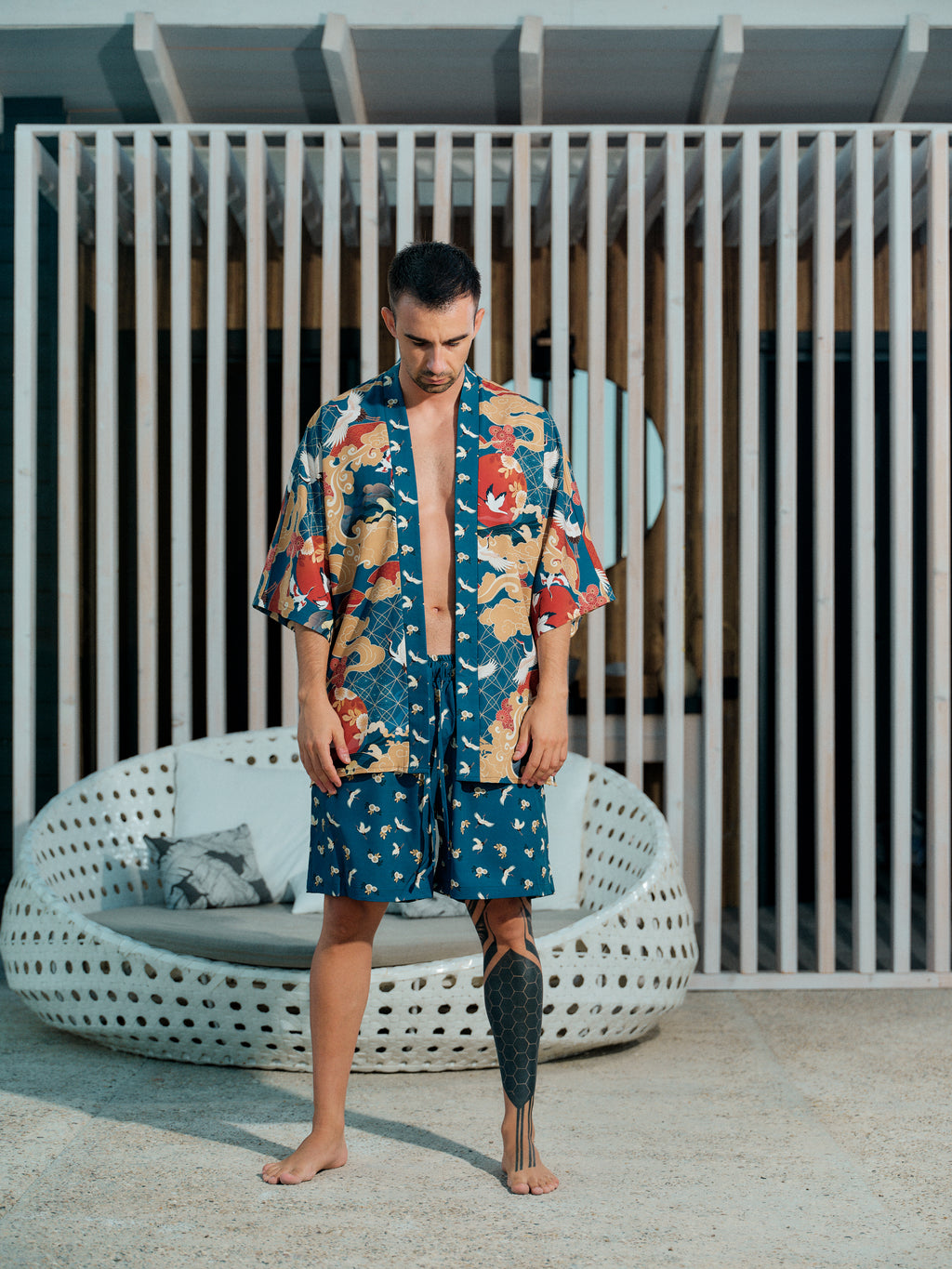 mens festival kimono set ocean blue satin chiffon, Shoshin collection front view