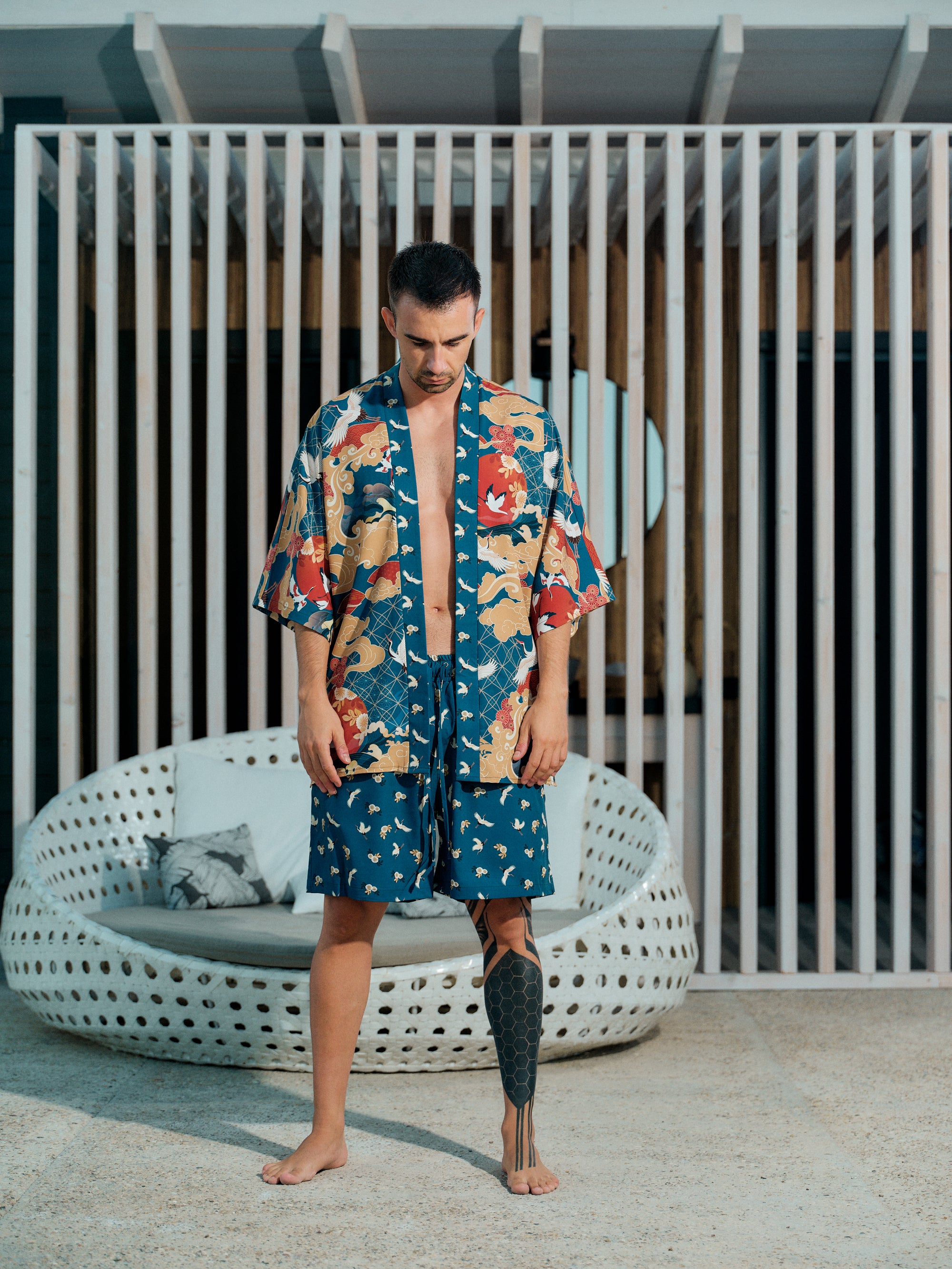mens festival kimono set ocean blue satin chiffon, Shoshin collection front view