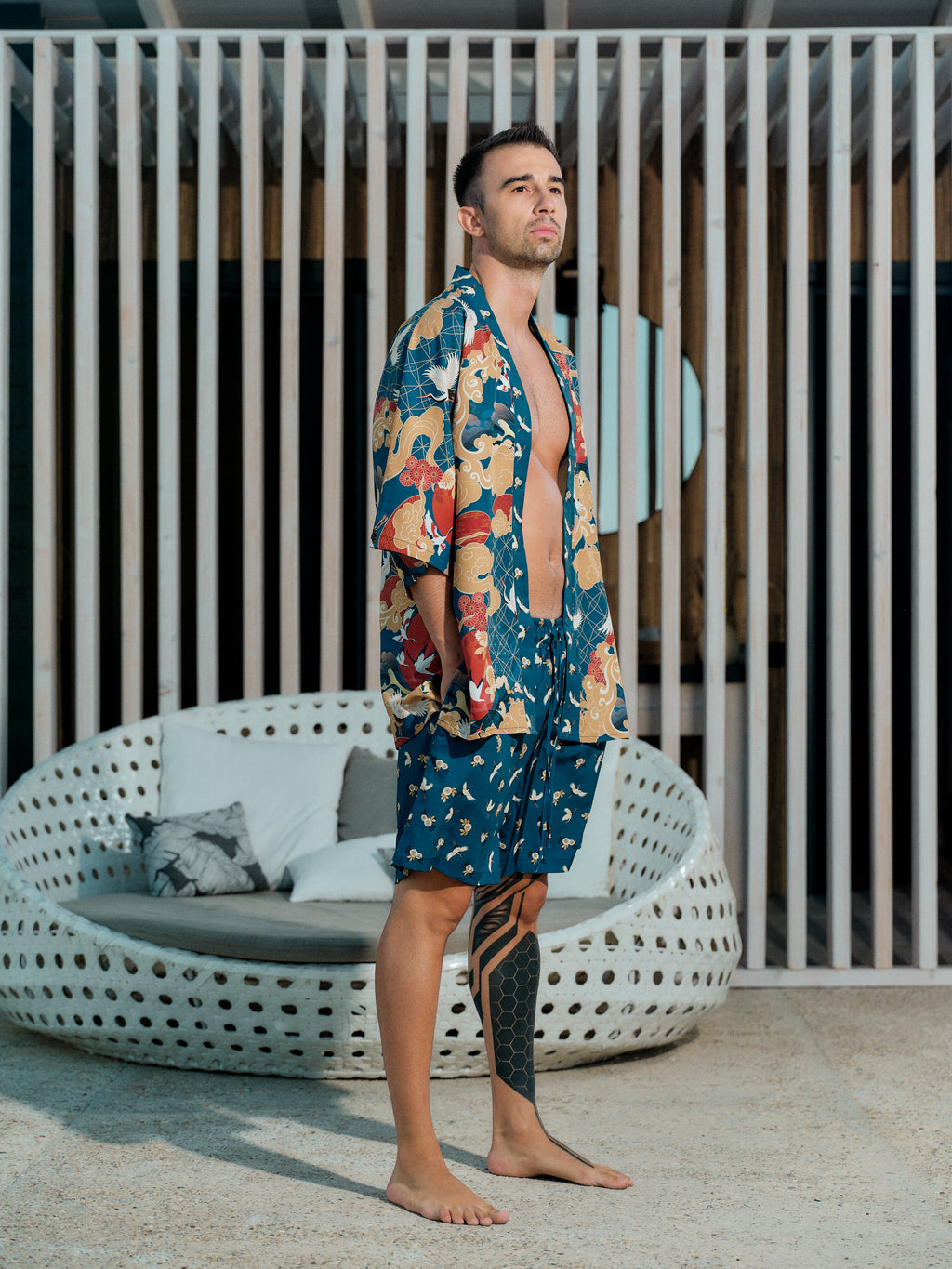 mens beach kimono set ocean blue satin chiffon, Shoshin collection side view