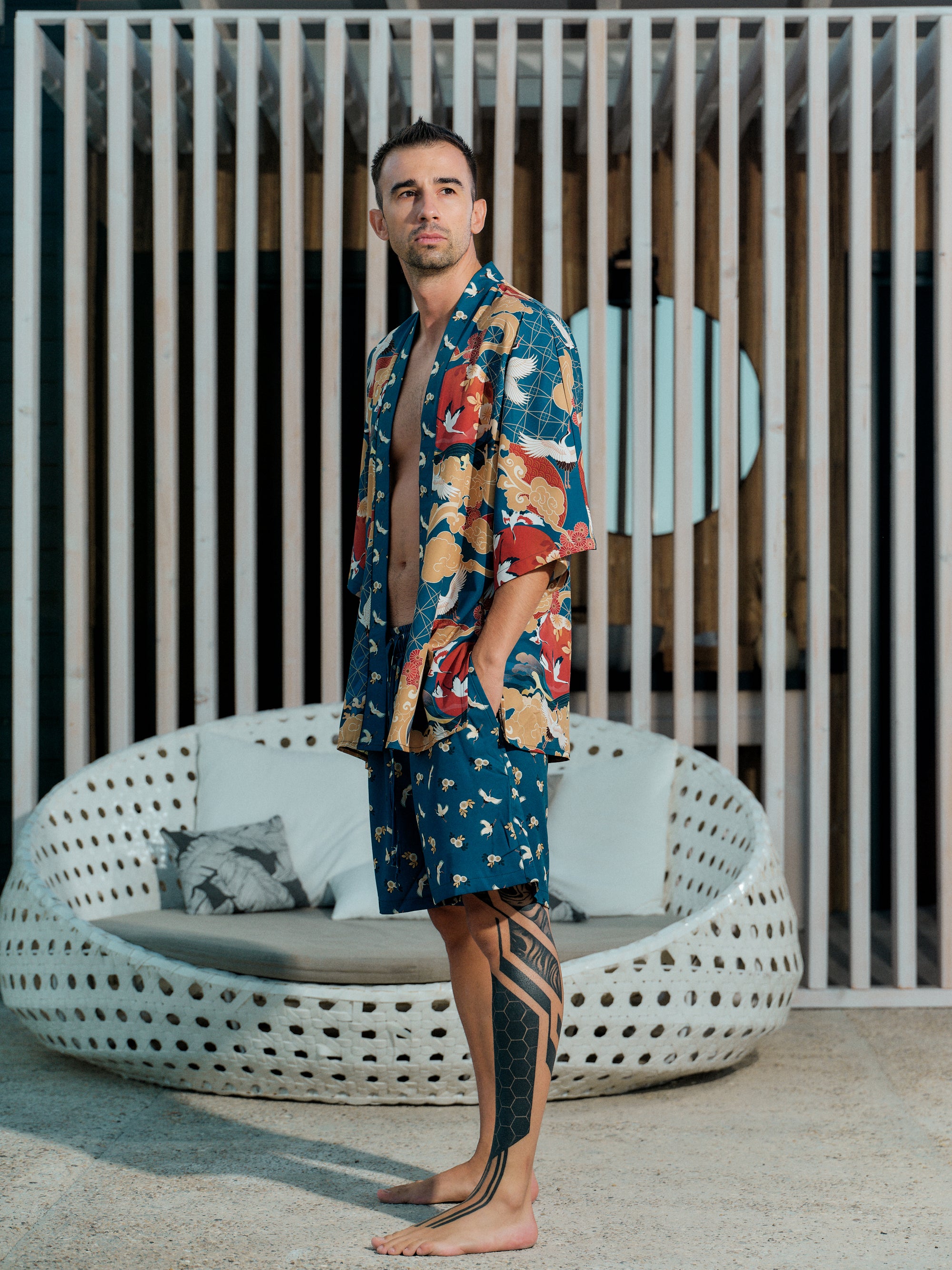 mens rave kimono set ocean blue satin chiffon, Shoshin collection side view