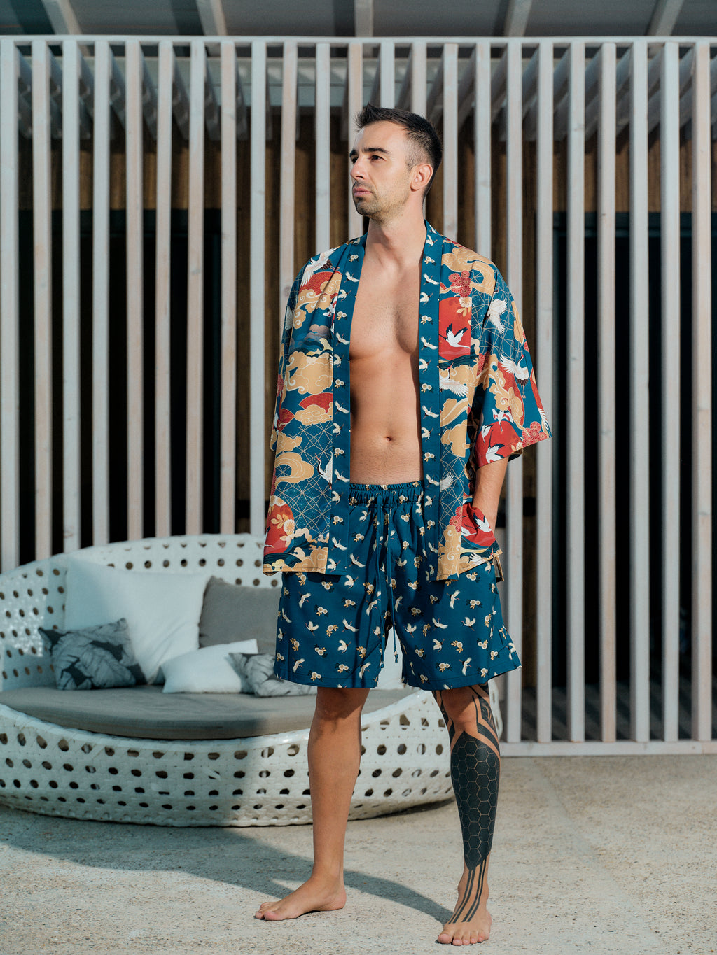 mens beach kimono set ocean blue satin chiffon, Shoshin collection front view