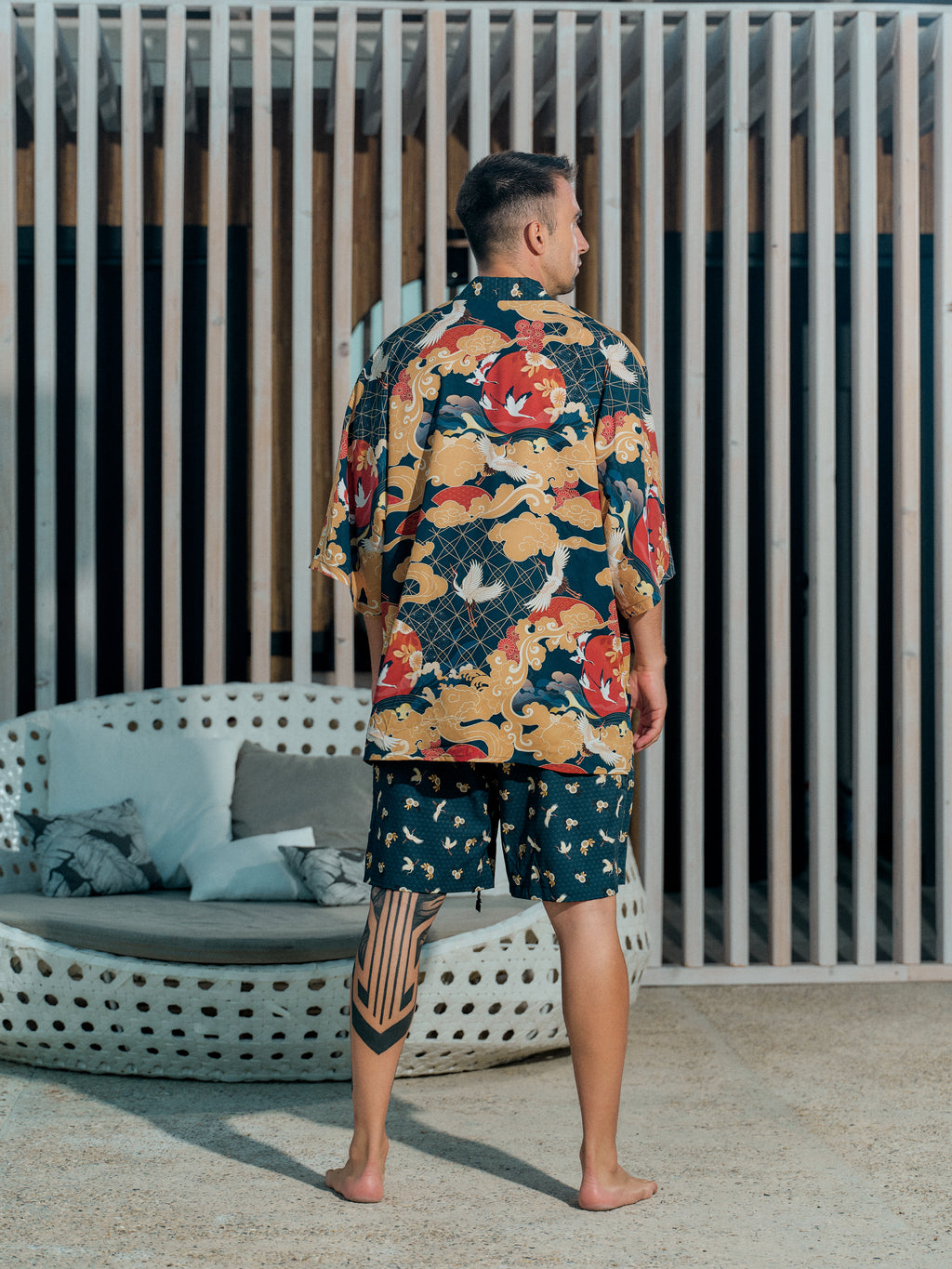 mens beach kimono set midnight blue satin chiffon, Shoshin collection back view