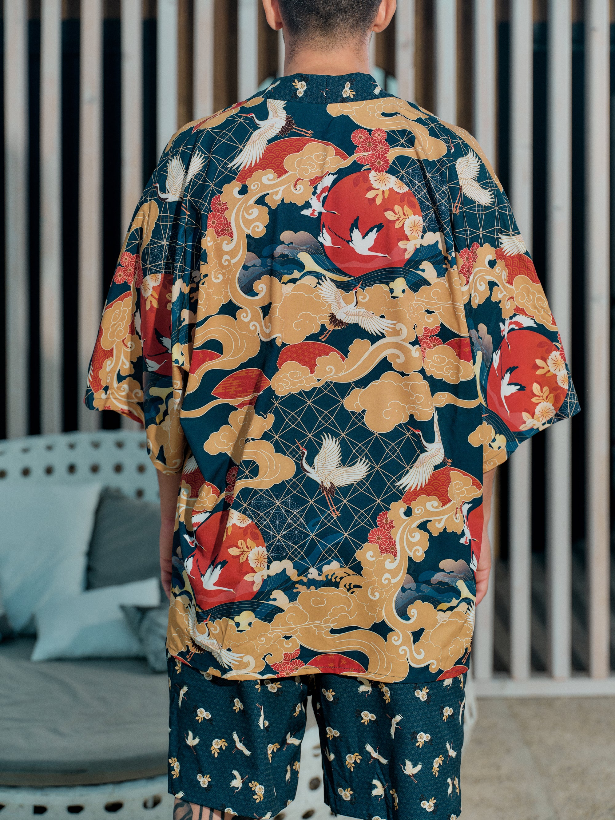 mens beach kimono set midnight blue satin chiffon, Shoshin collection detail back view