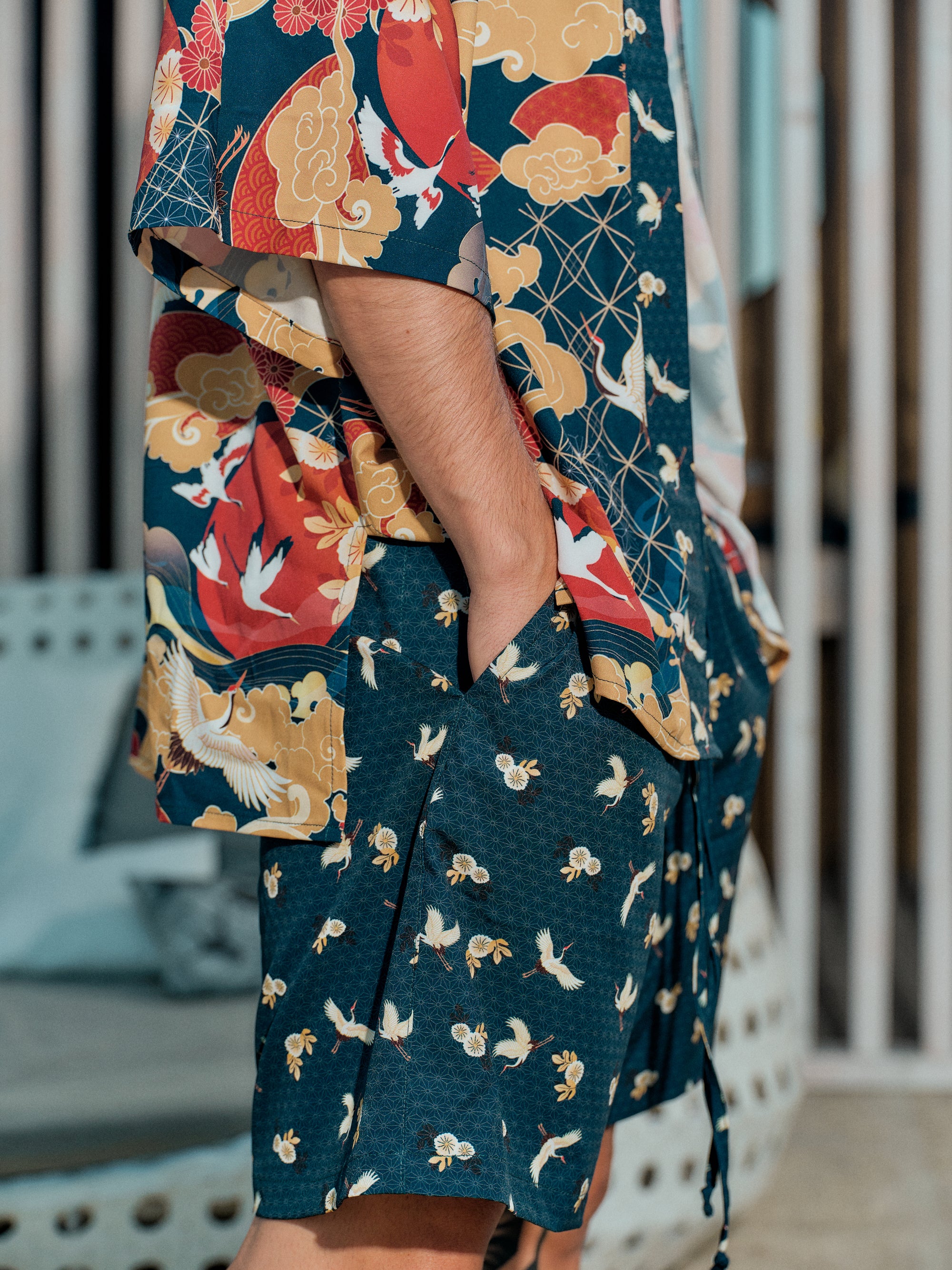 mens beach kimono set midnight blue satin chiffon, Shoshin collection detail shorts view