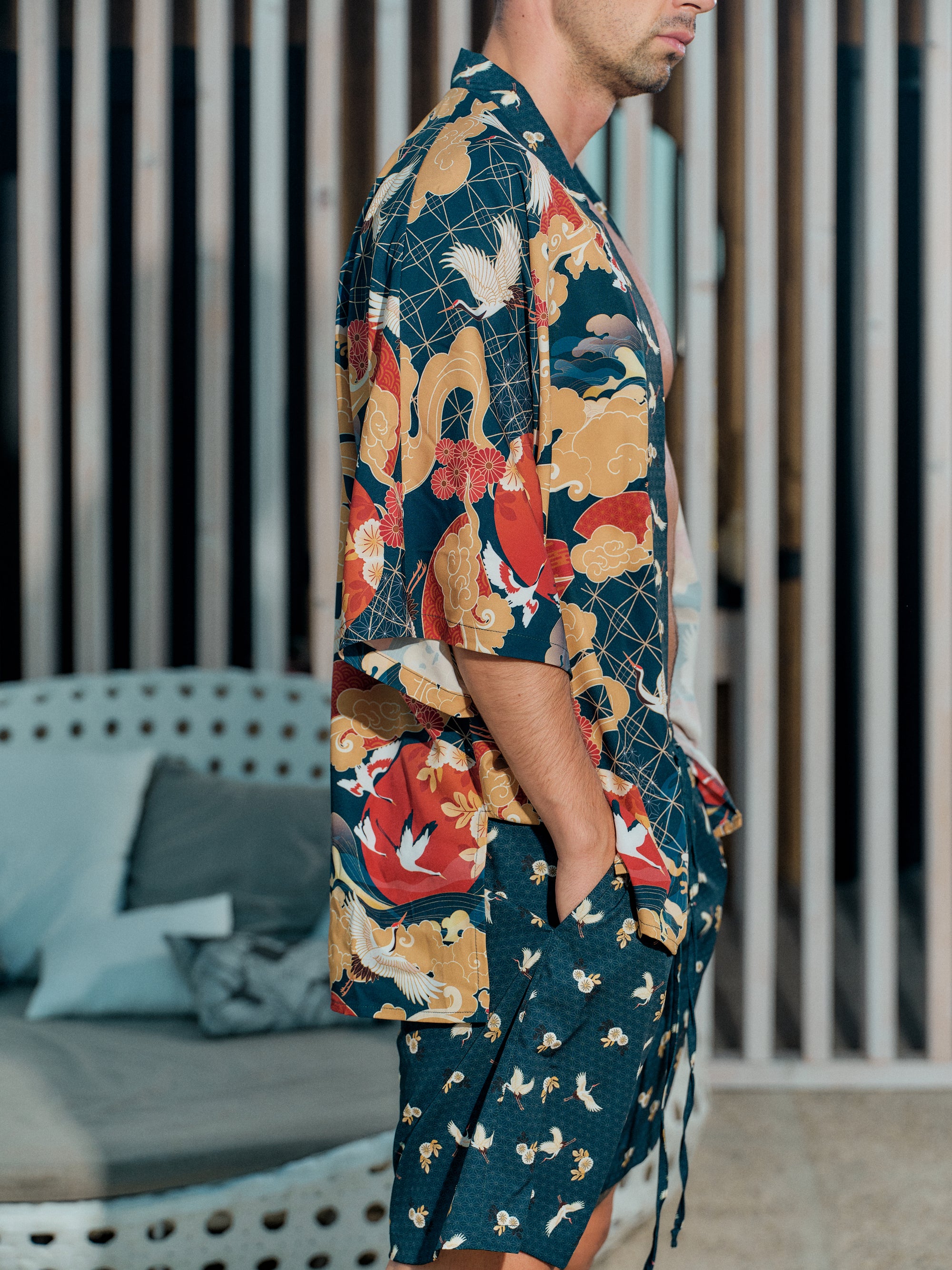 mens beach kimono set midnight blue satin chiffon, Shoshin collection side view
