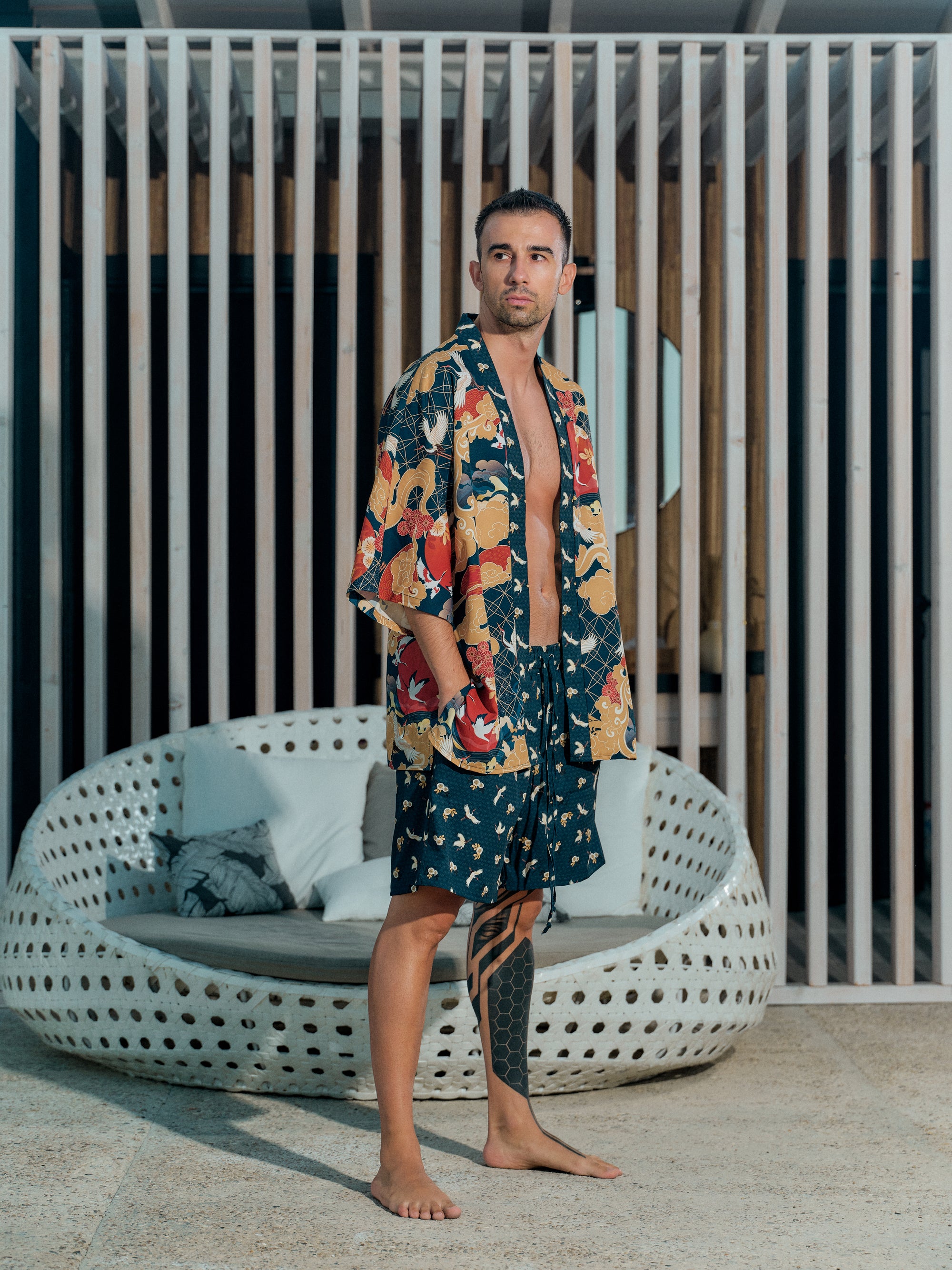 mens beach kimono set midnight blue satin chiffon, Shoshin collection front view