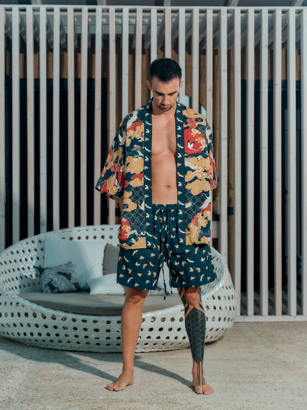 mens festival kimono set midnight blue satin chiffon, Shoshin collection front view