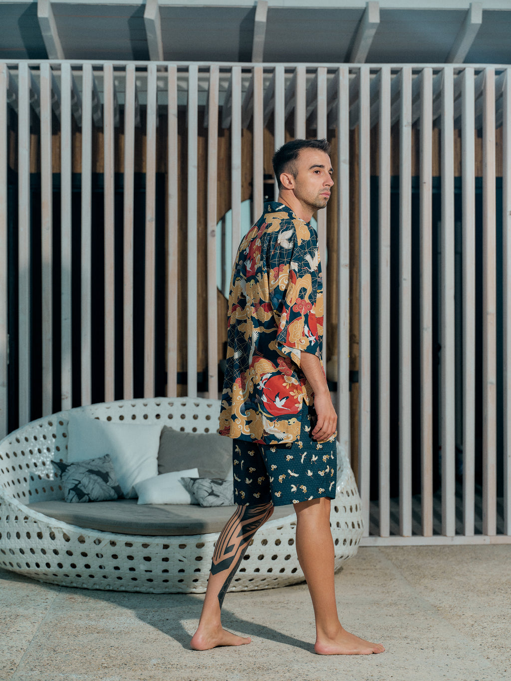 mens beach kimono set midnight blue satin chiffon, Shoshin collection side view