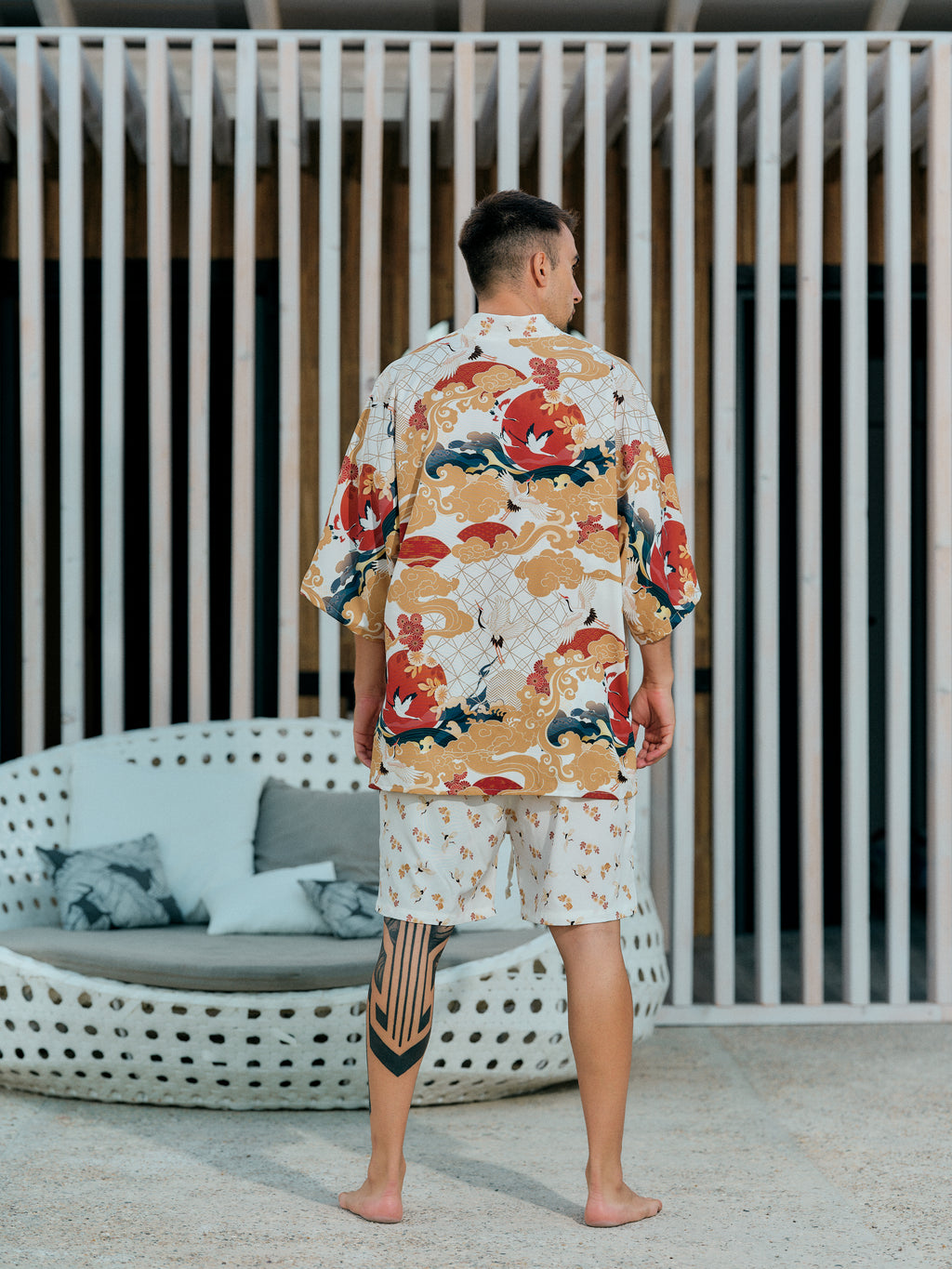 mens beach kimono set white satin chiffon, Shoshin collection back view