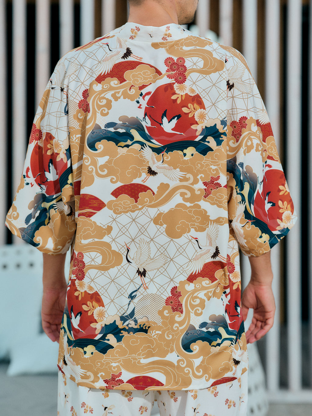 mens beach kimono set white satin chiffon, Shoshin collection detail back view