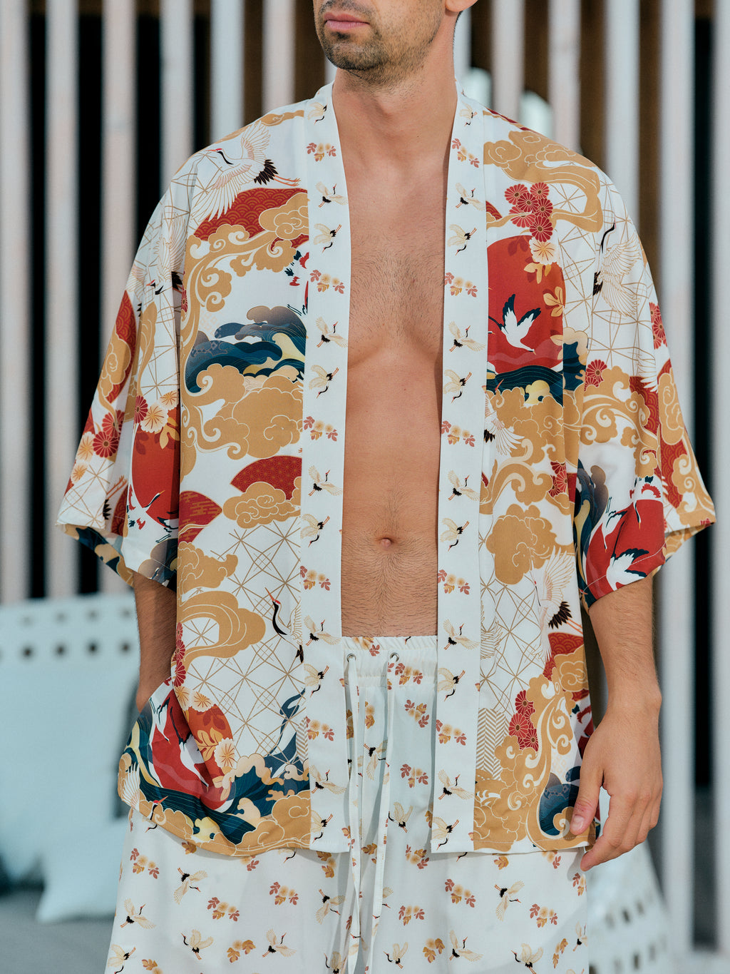mens beach kimono set white satin chiffon, Shoshin collection detail front view