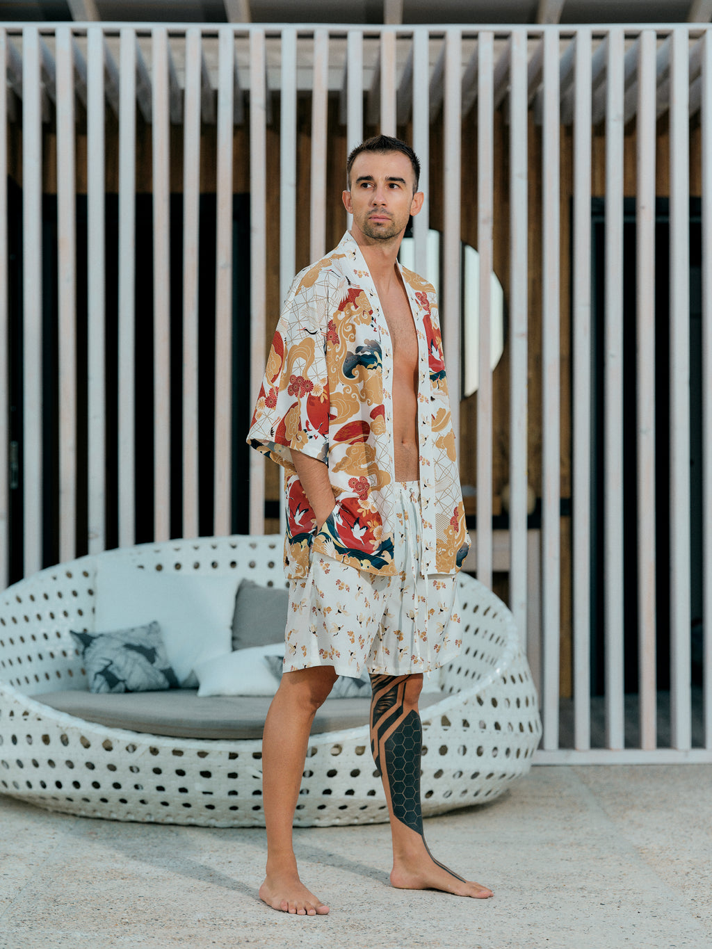 mens beach kimono set white satin chiffon, Shoshin collection front view