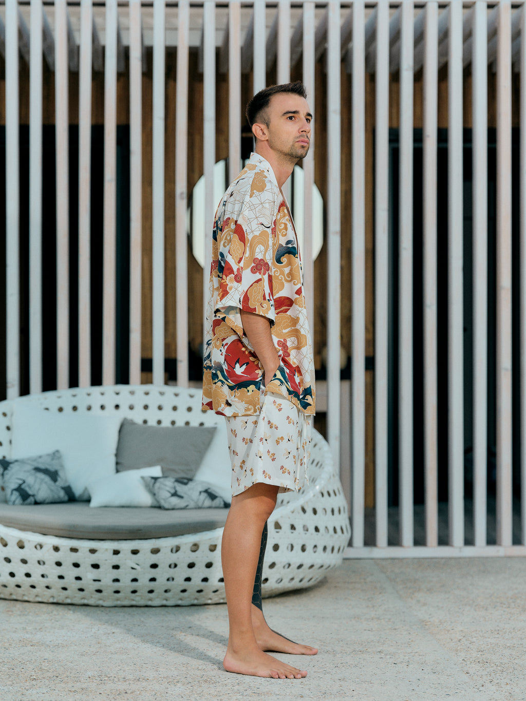 mens beach kimono set white satin chiffon, Shoshin collection side view