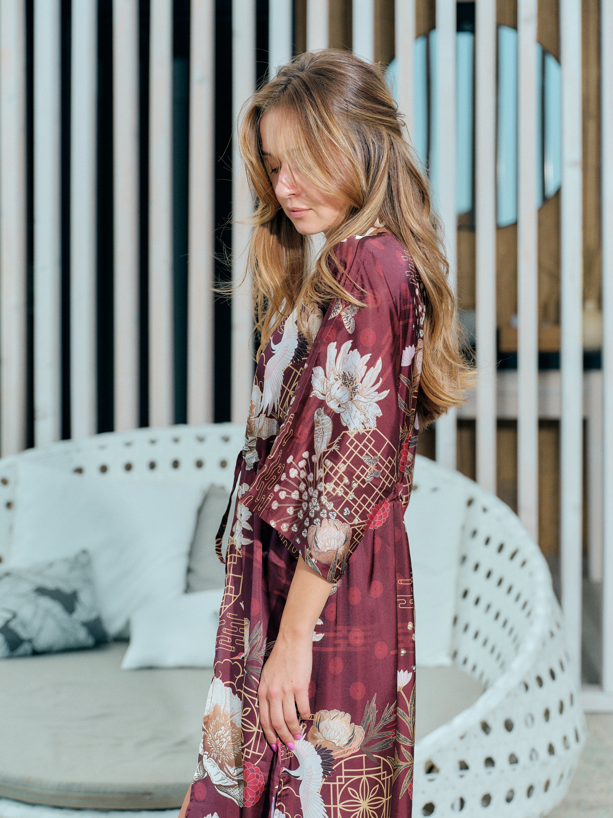 boho kimono long burgundy satin chiffon, Koan collection detail side view