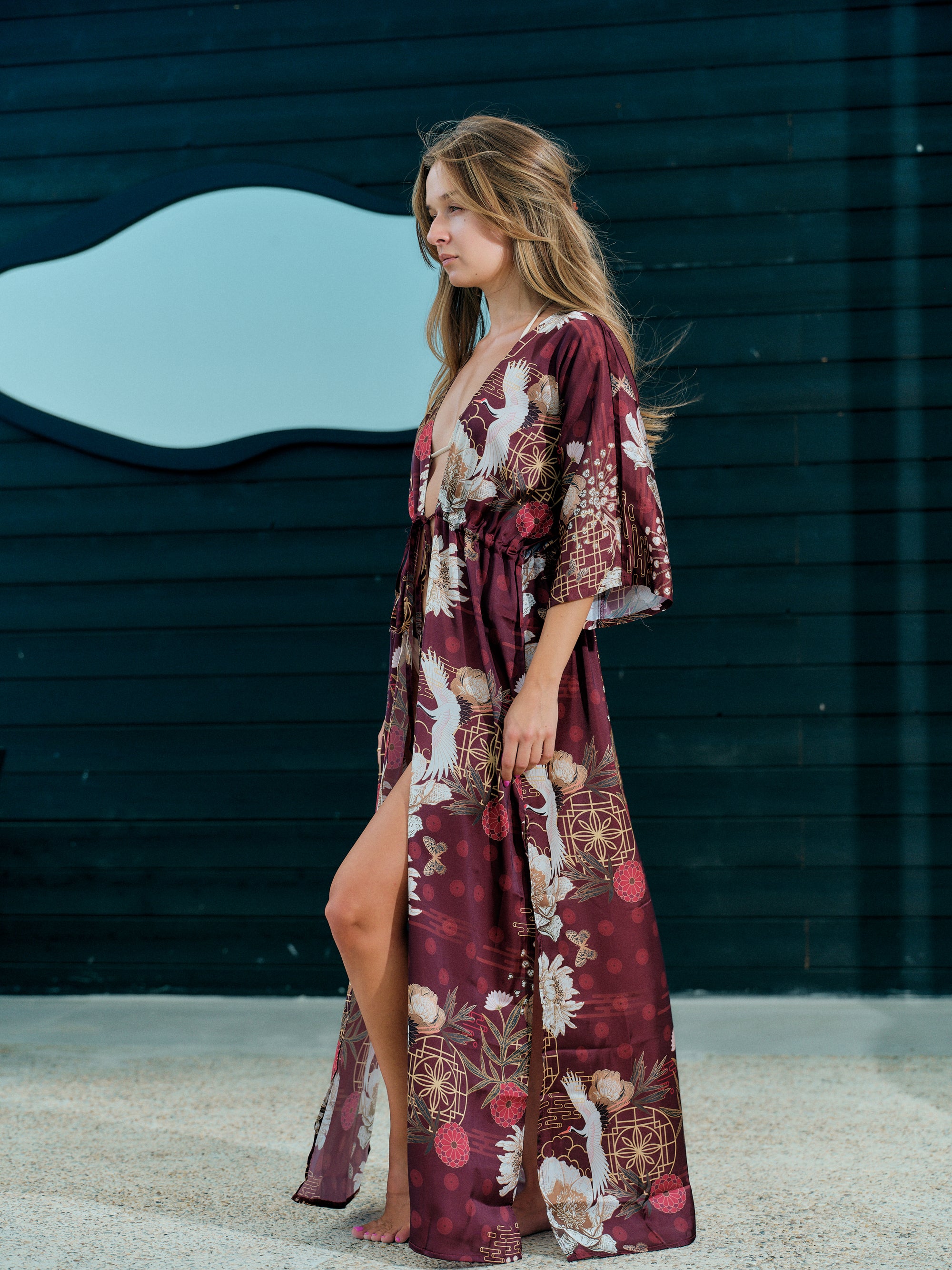 beach festival long burgundy satin chiffon, Koan collection side view