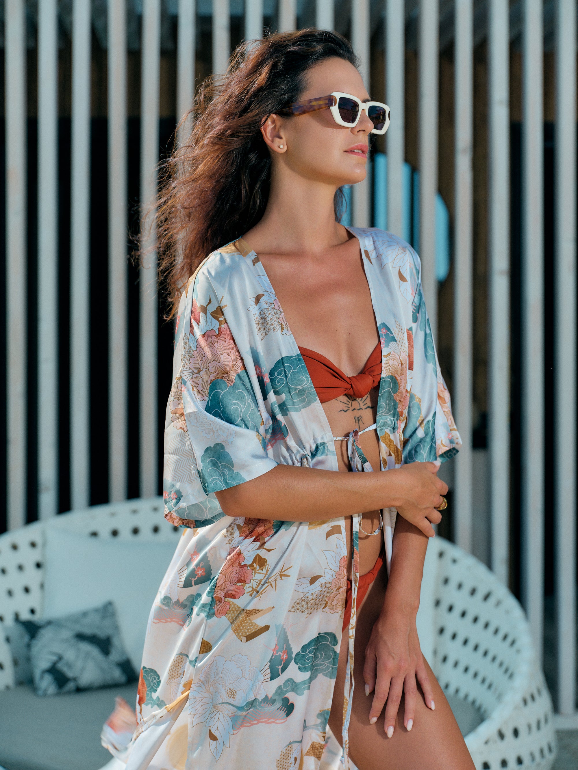 festival kimono long ivory satin chiffon, Yugen collection detail front view