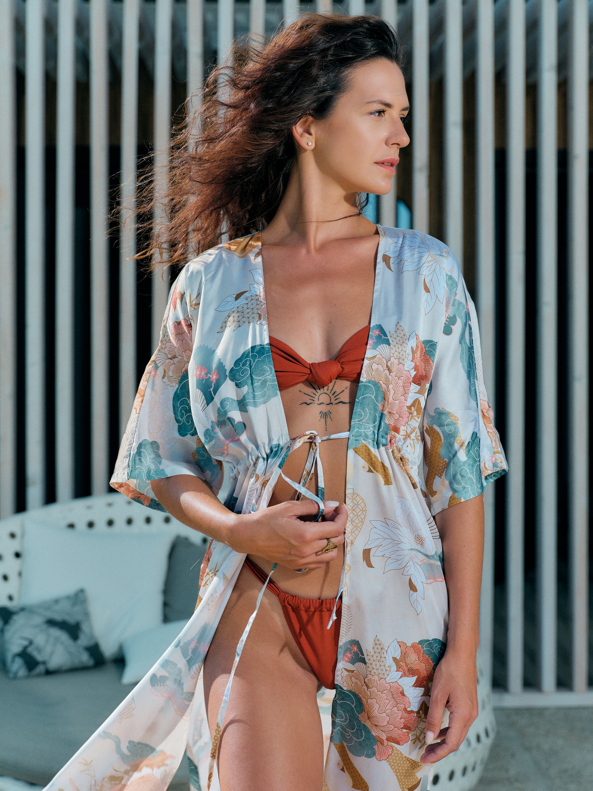 boho kimono long ivory satin chiffon, Yugen collection detail front view