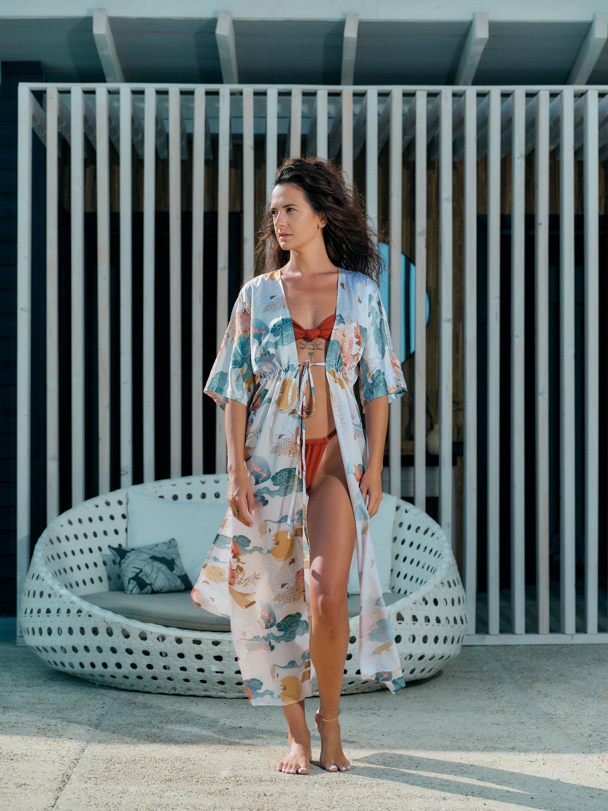 beach kimono long ivory satin chiffon, Yugen collection front view