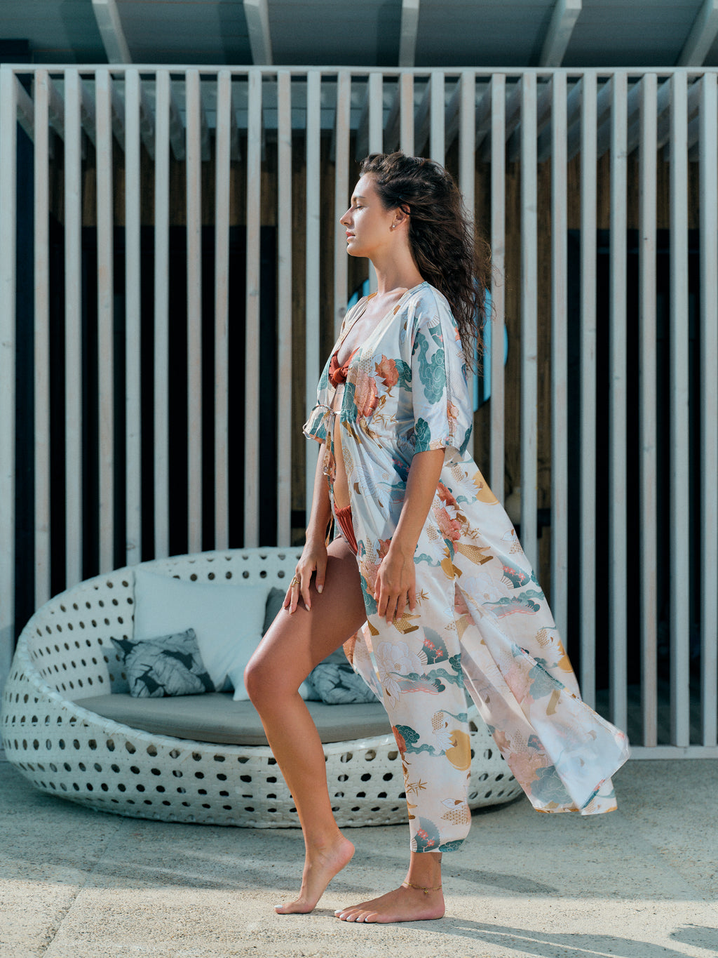 festival kimono long ivory satin chiffon, Yugen collection side view